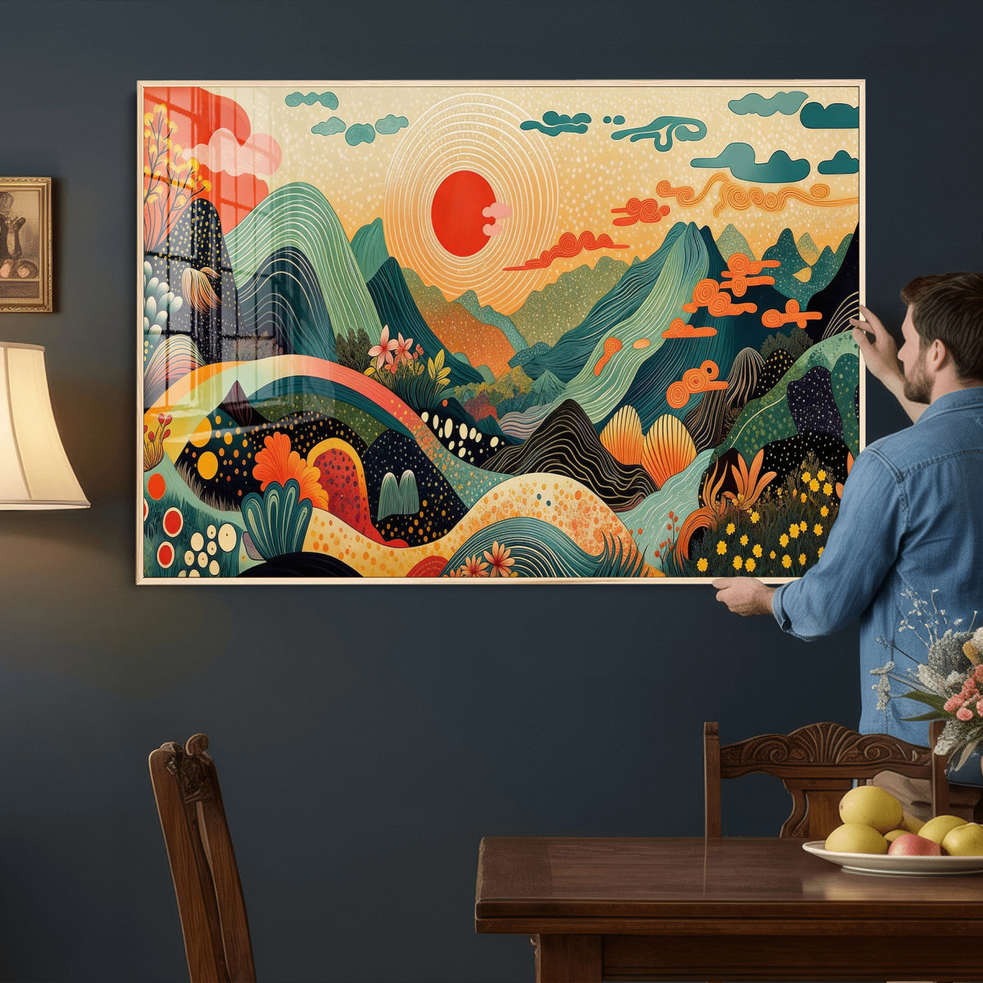 29927191-MGV-CV-36X24 - Yayoi Kusama Boho Mountain Landscape Large Wall Art, Horizontal Gold Framed Canvas Print with Sun and Flowers