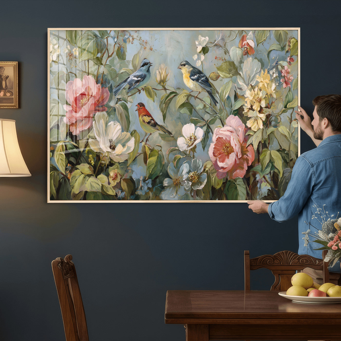 55440837-MGV-CV-36X24 - Vintage Birds and Flowers Wall Art Canvas Print, Botanical Bird Painting Canvas Print, Floral Garden Bird Artwork Canvas Print, Classic Bird Flower Painting Canvas Print