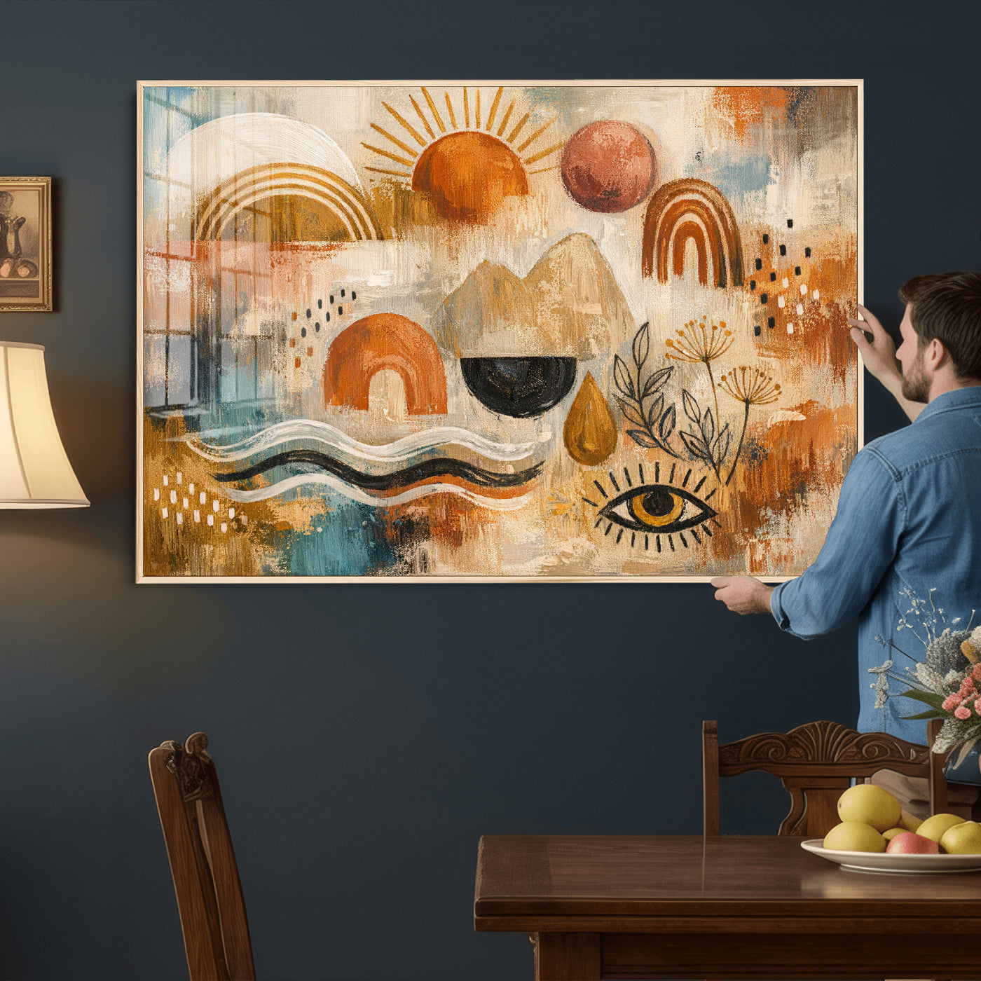 52155239-MGV-CV-36X24 - Geometric Boho Abstract Wall Art Canvas Print, Orange Blue Abstract Expressionist Painting Print, Modern Geometric Abstract Canvas Art