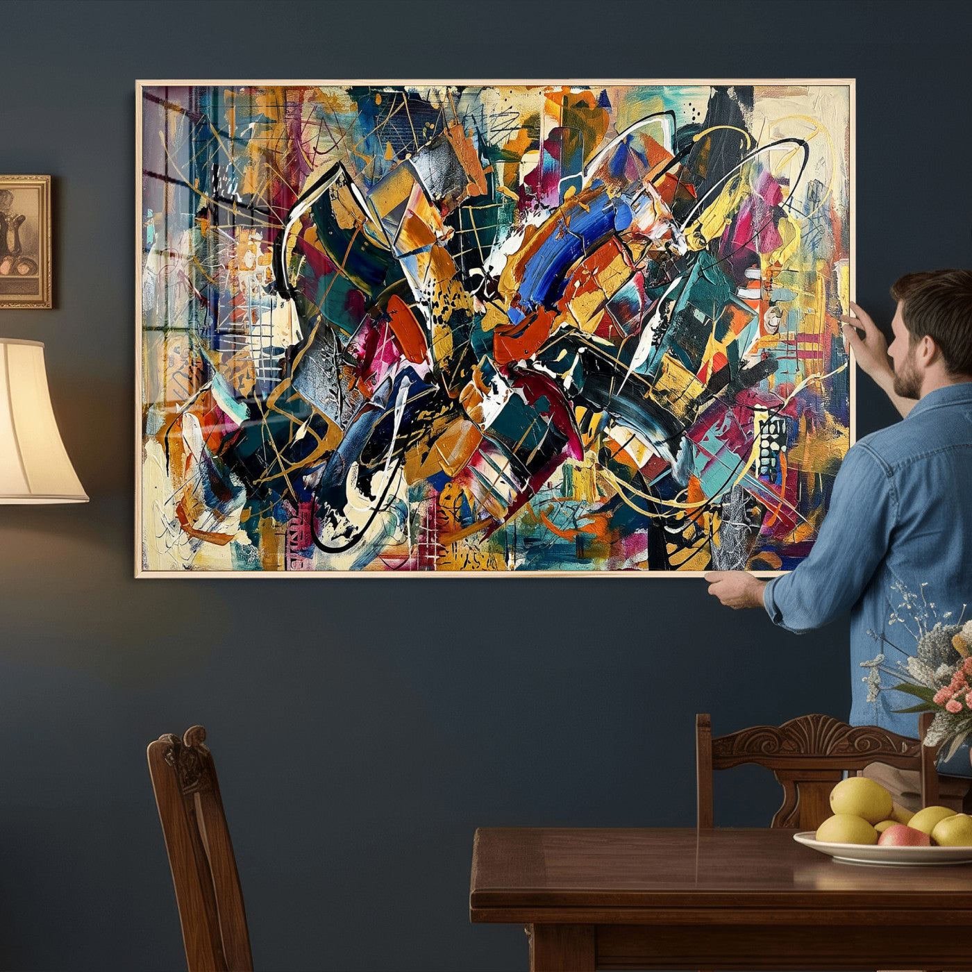 15525527-MGV-CV-36X24 - Geometric Abstract Wall Art Canvas Print, Orange Blue Abstract Expressionist Painting Print, Modern Geometric Abstract Canvas Art