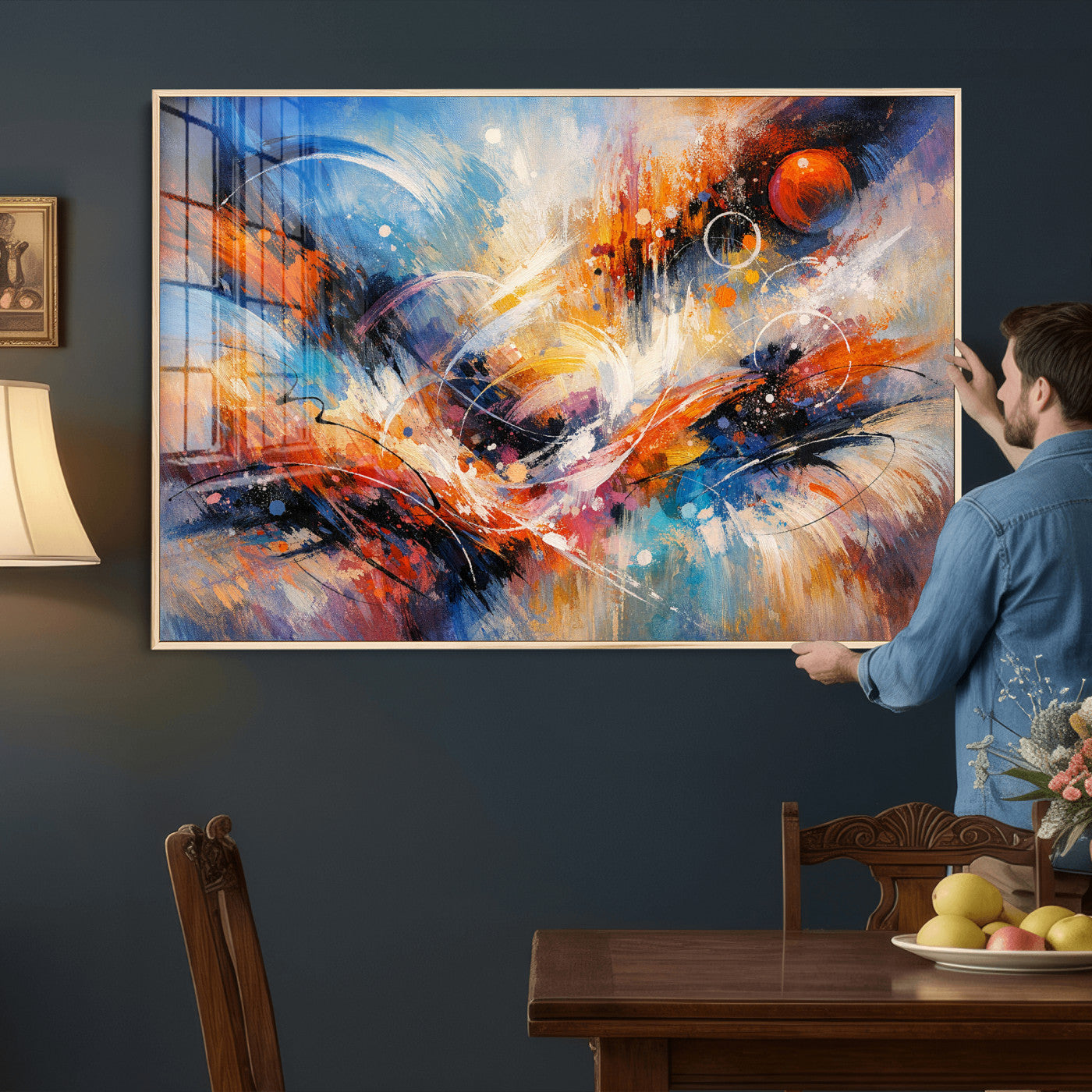 47770355-MGV-CV-36X24 - Geometric Abstract Wall Art Canvas Print, Orange Blue Abstract Expressionist Painting Print, Modern Geometric Abstract Canvas Art