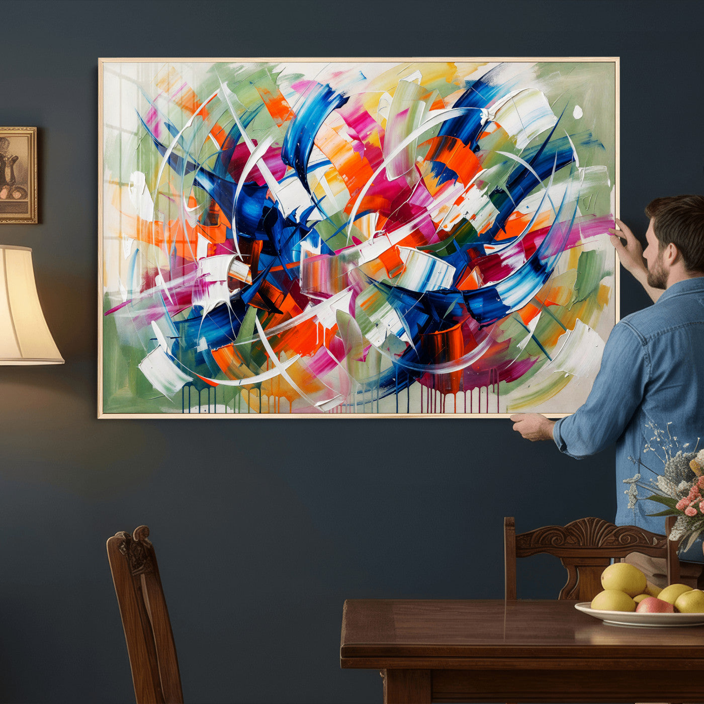 15032888-MGV-CV-36X24 - Geometric Abstract Wall Art Canvas Print, Orange Blue Abstract Expressionist Painting Print, Modern Geometric Abstract Canvas Art