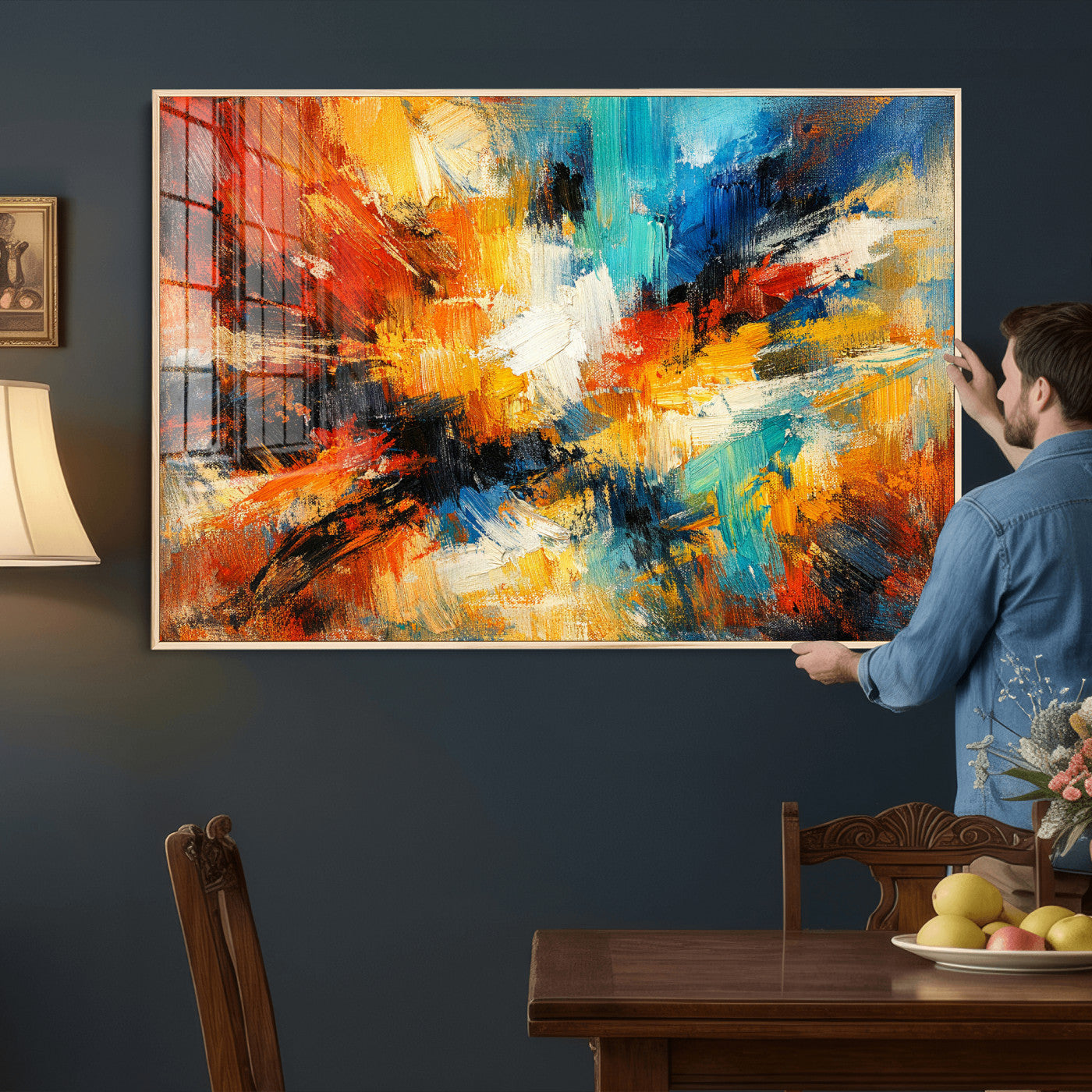 93167583-MGV-CV-36X24 - Geometric Abstract Wall Art Canvas Print, Orange Blue Abstract Expressionist Painting Print, Modern Geometric Abstract Canvas Art