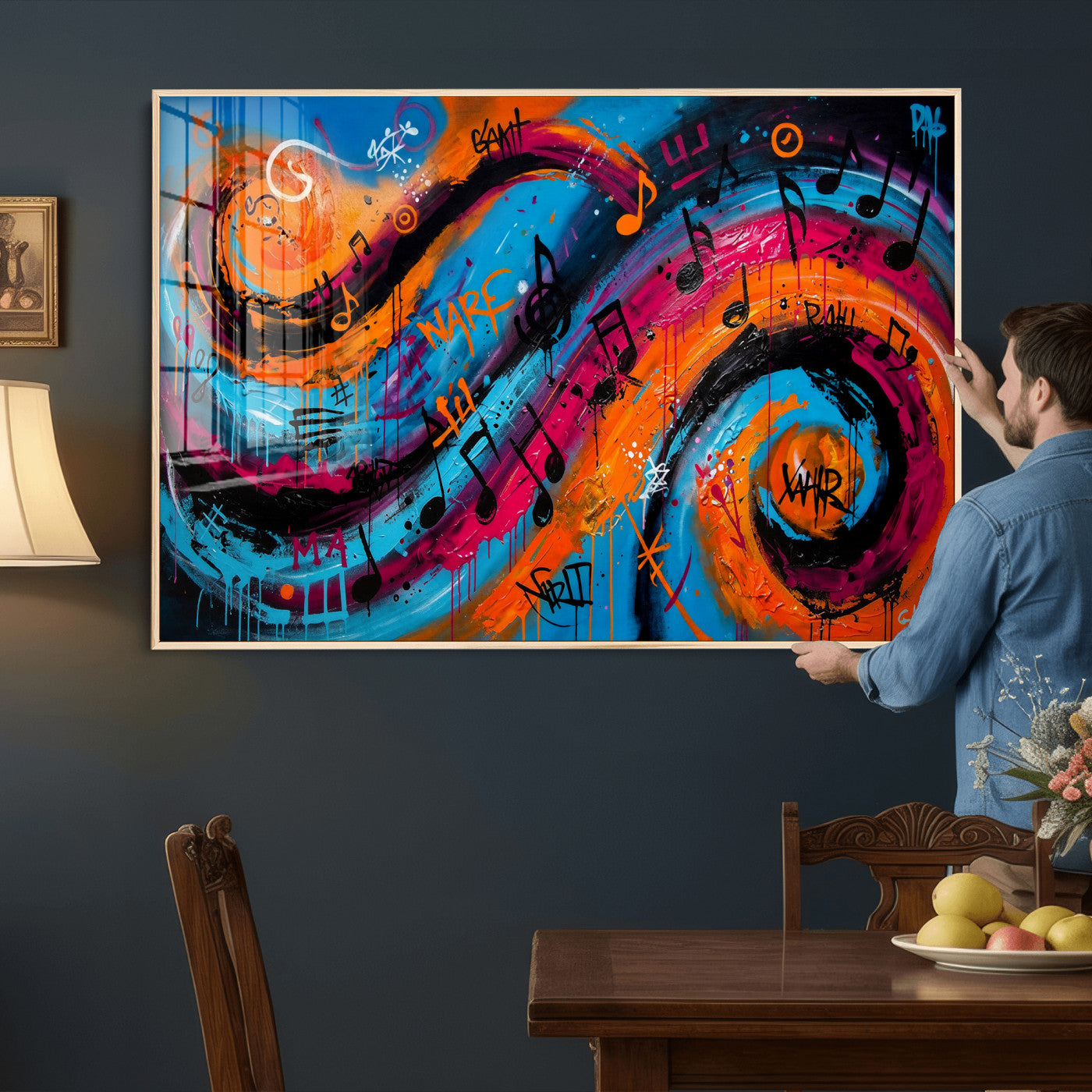 34936518-MGV-CV-36X24 - Geometric Abstract Wall Art Canvas Print, Orange Blue Abstract Expressionist Painting Print, Modern Geometric Abstract Canvas Art