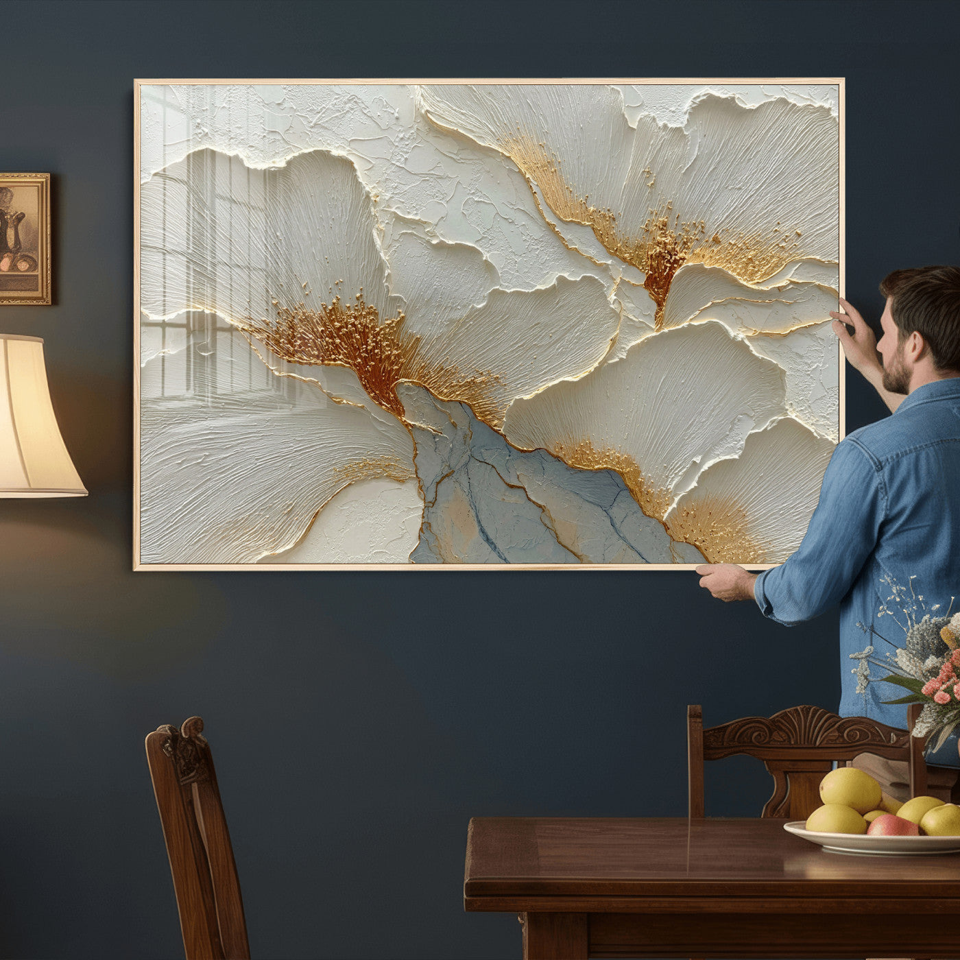 4712069F1-MGV-CV-36X24 - White Gold Floral Canvas Wall Art — Textured Flower Print | Luxury Botanical Decor | Elegant Bedroom Art | Gold Leaf Wall Art Gift