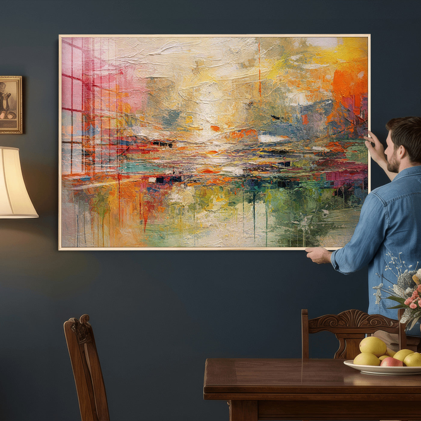 4712069P1-MGV-CV-36X24 - Colorful Abstract Canvas Wall Art — Large Textured Oil Painting Style Print | Orange Red Boho Wall Decor | Modern Living Room Art | Bold Wall Art