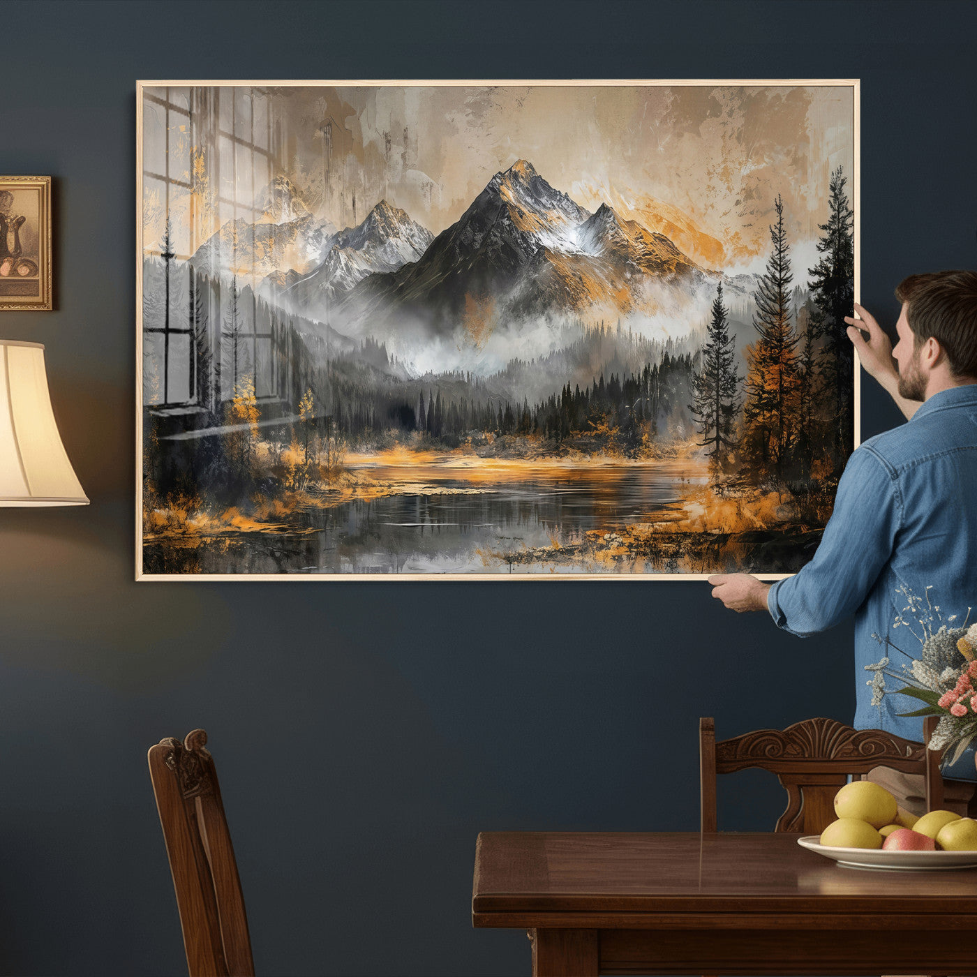 4712069D1-MGV-CV-36X24 - Mountain Lake Canvas Wall Art — Rustic Forest Landscape Print | Gold Grey Nature Decor | Cabin Wall Art | Large Wilderness Art Print Gift