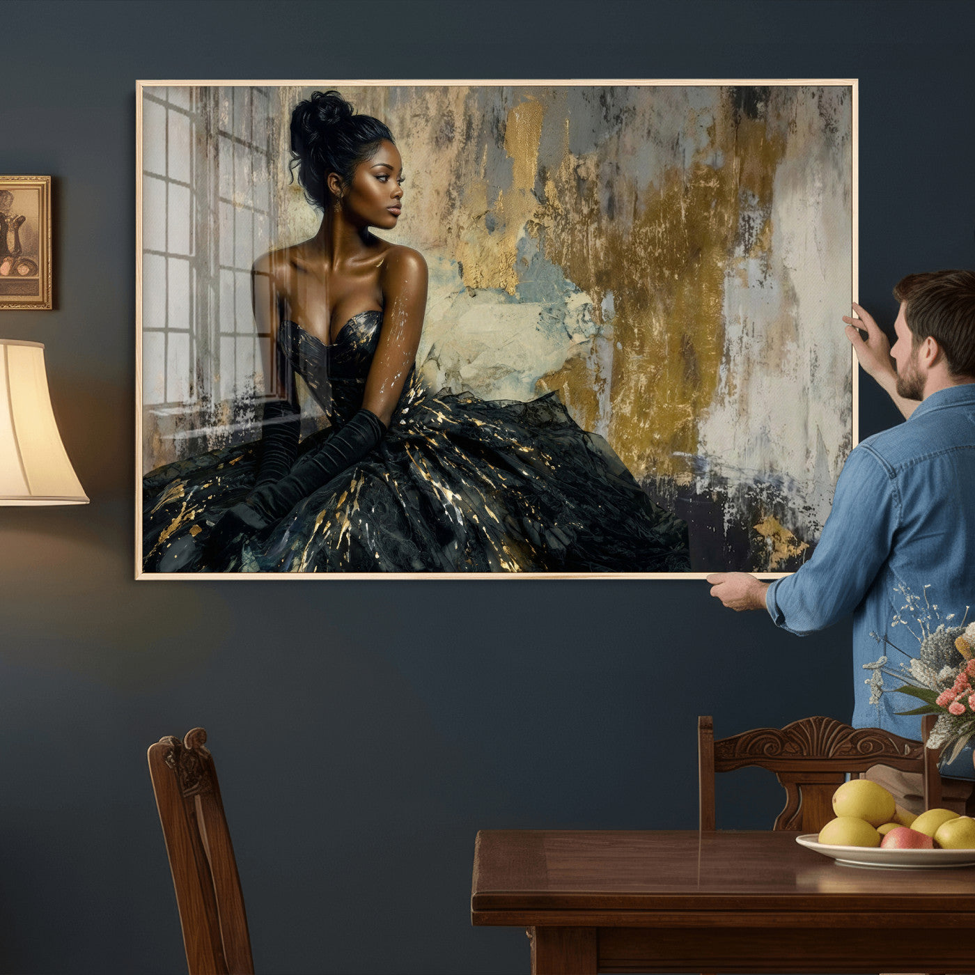 4712069Z1-MGV-CV-36X24 - Elegant Woman Canvas Wall Art — Black Gold Gown Fashion Print | Luxury Glam Wall Decor | African American Art | Bold Bedroom Wall Art Gift