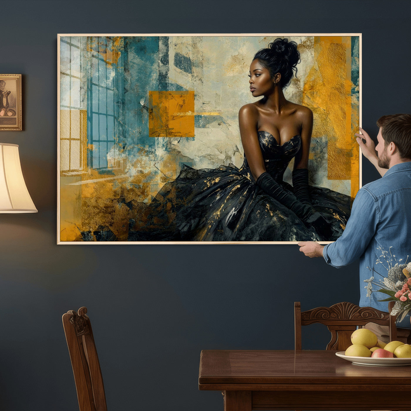 4712069Z21-MGV-CV-36X24 - Elegant Woman Canvas Wall Art — Black Gold Gown Fashion Print | Luxury Glam Wall Decor | African American Art | Bold Bedroom Wall Art Gift