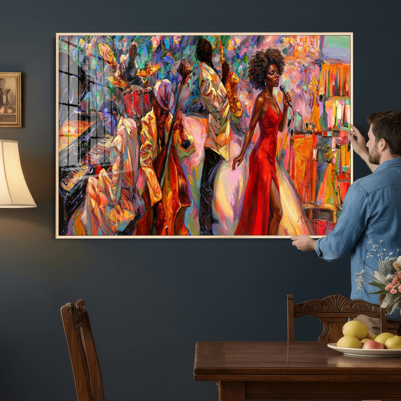72615137-MGV-CV-36X24 - African American Jazz Singer Canvas Art - Red Dress Black Woman Music Print | Colorful Jazz Band Wall Decor | Living Room Gift for Her