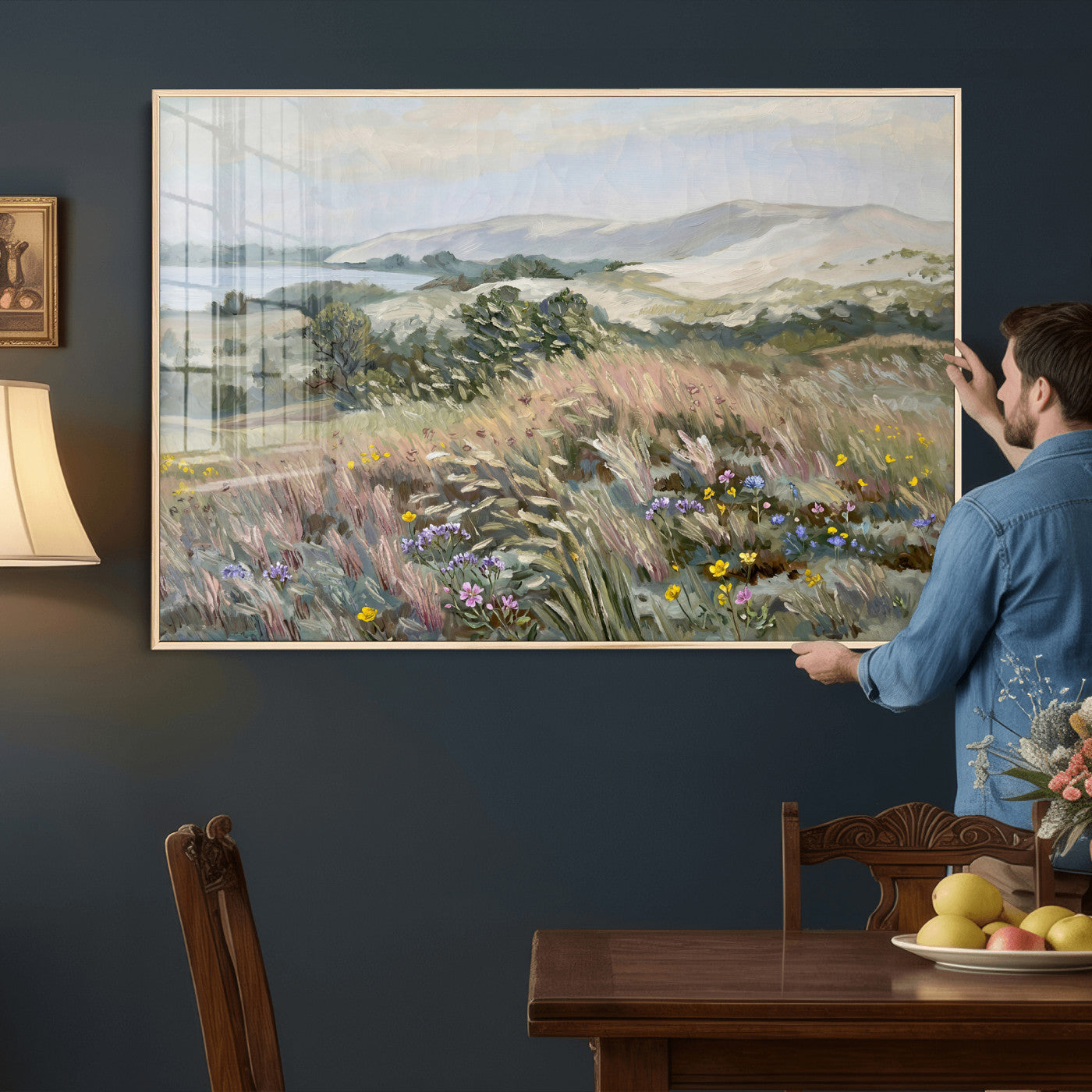 18013232-MGV-CV-36X24 - Katie Staples Hillside Canvas Wall Art — Coastal Wildflower Dune Oil Painting Print | Muted Green Nature Decor | Plein Air Landscape Gift