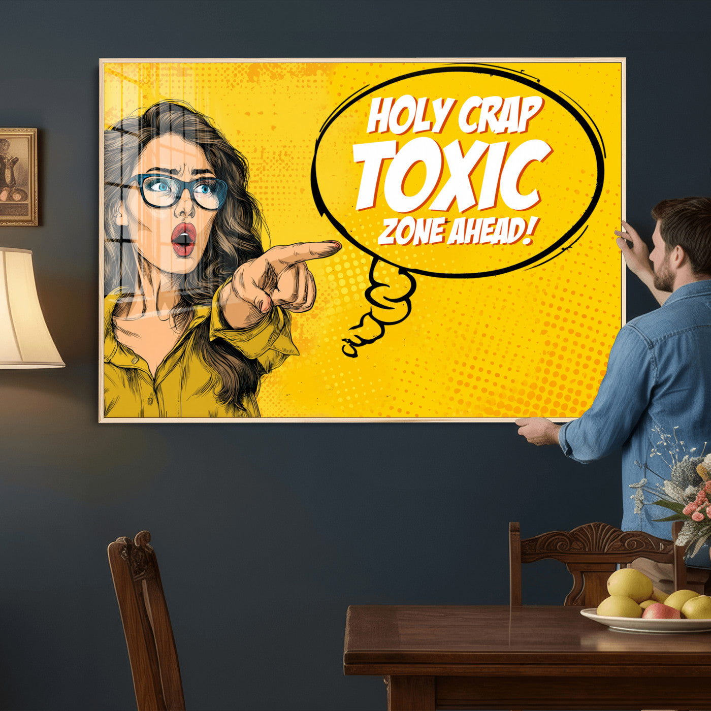 79751885-MGV-CV-36X24 - Pop Art Print Bathroom Sign Wall Art Canvas Print — Funny Bathroom Canvas | Comic Style Toilet Wall Decor | Humor Gift | Yellow Bold Bathroom Art
