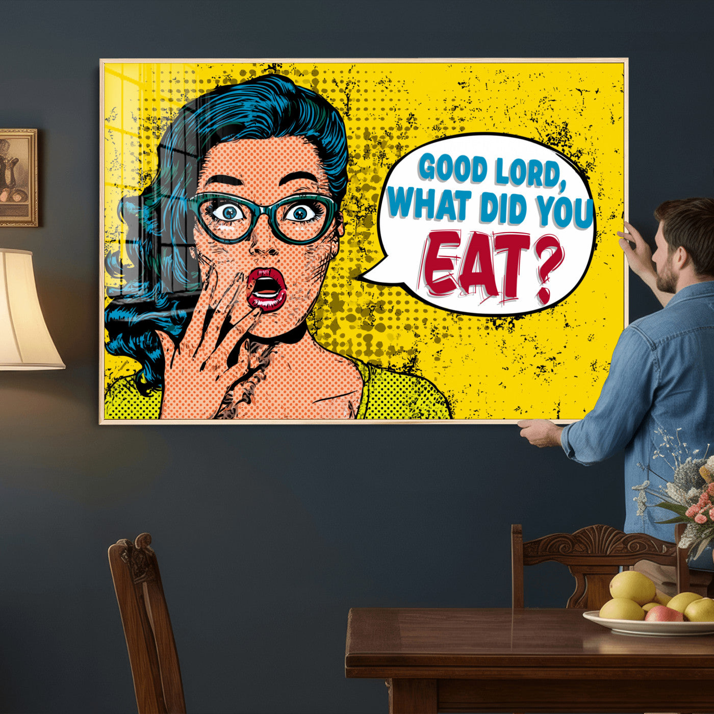 88217969-MGV-CV-36X24 - Pop Art Print Bathroom Sign Wall Art Canvas Print — Funny Bathroom Canvas | Comic Style Toilet Wall Decor | Humor Gift | Yellow Bold Bathroom Art
