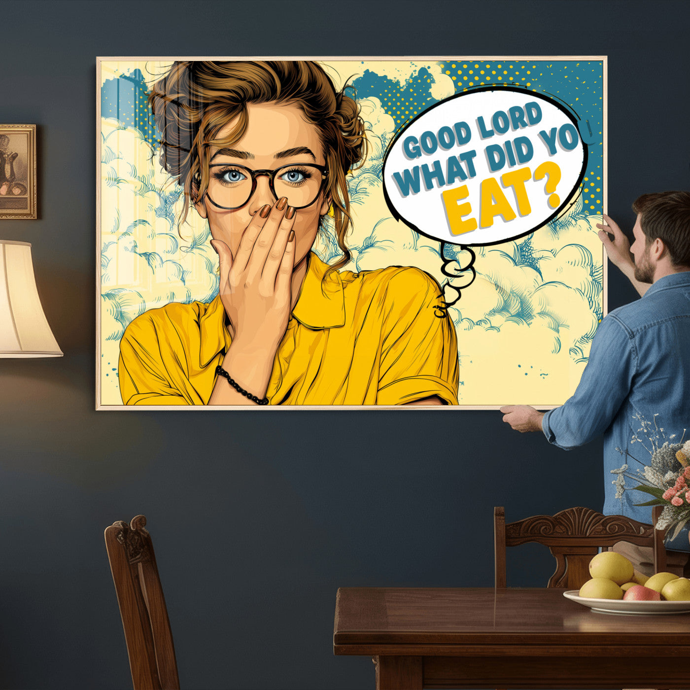 35819669-MGV-CV-36X24 - Pop Art Print Bathroom Sign Wall Art Canvas Print — Funny Bathroom Canvas | Comic Style Toilet Wall Decor | Humor Gift | Yellow Bold Bathroom Art