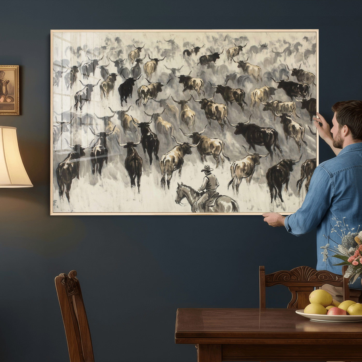 48049876-MGV-CV-36X24 - Cowboy Cattle Drive Canvas Wall Art, Western Longhorn Herd Ink Painting Print, Ranch Rodeo Decor, Black White Western Art, Large Living Room Art