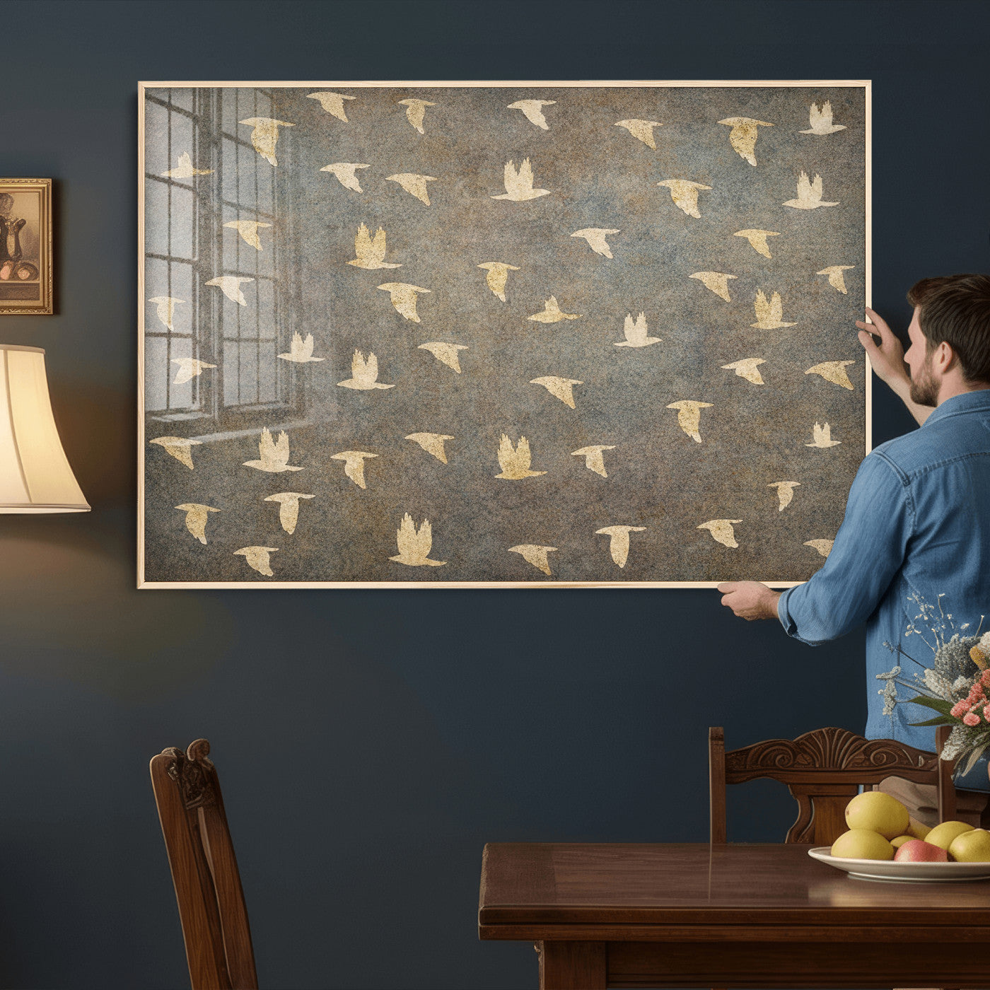 74076164-MGV-CV-36X24 - Flying Birds Canvas Wall Art, Vintage Bird Flock Pattern Print, Grey Gold Abstract Nature Decor, Rustic Bird Silhouette Art, Boho Living Room Decor