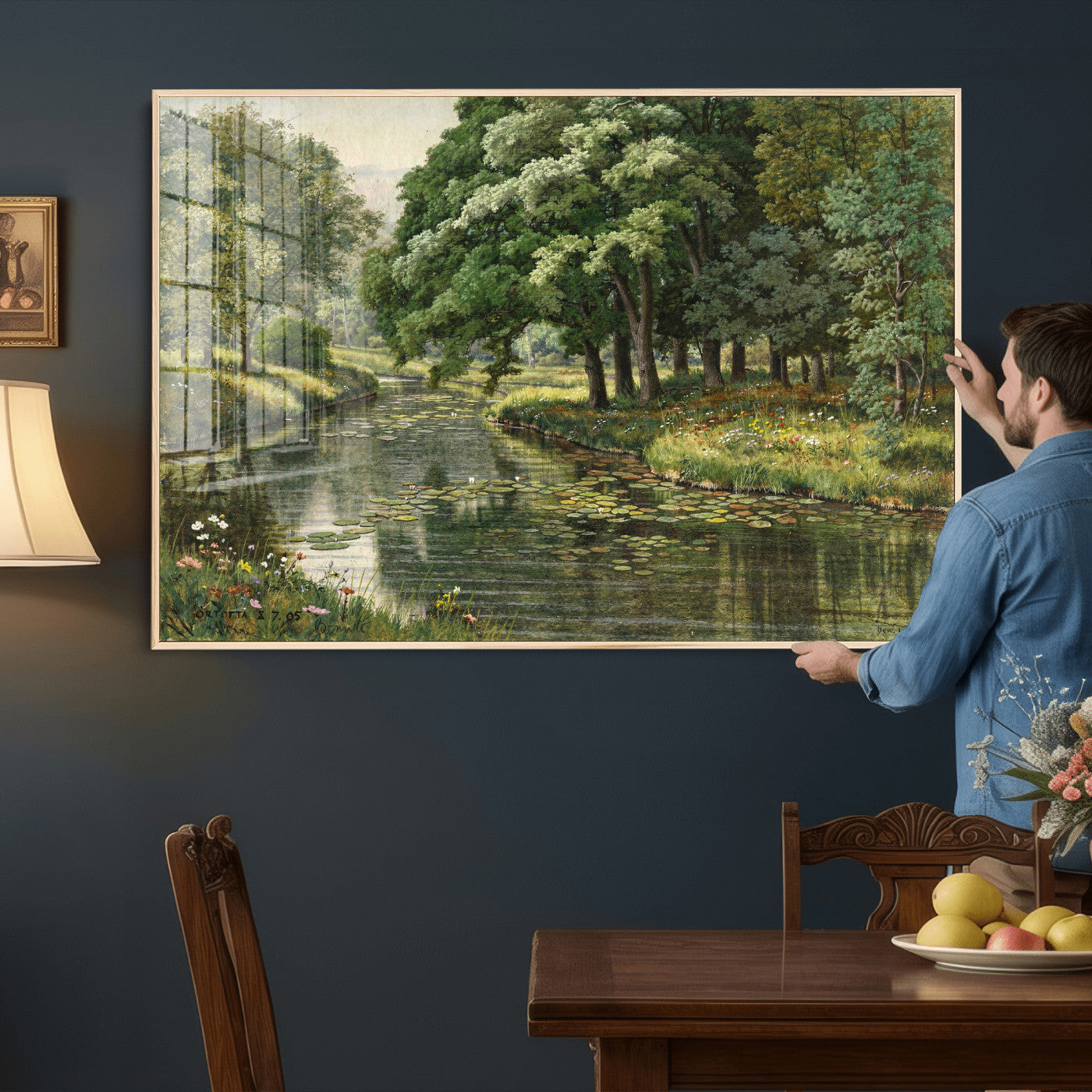 44288560-MGV-CV-36X24 - Forest Stream Canvas Wall Art, Peder Monsted A Forest Stream 1905 Print, Danish Realist Landscape, Lily Pad River Nature Decor, Vintage Green Painting