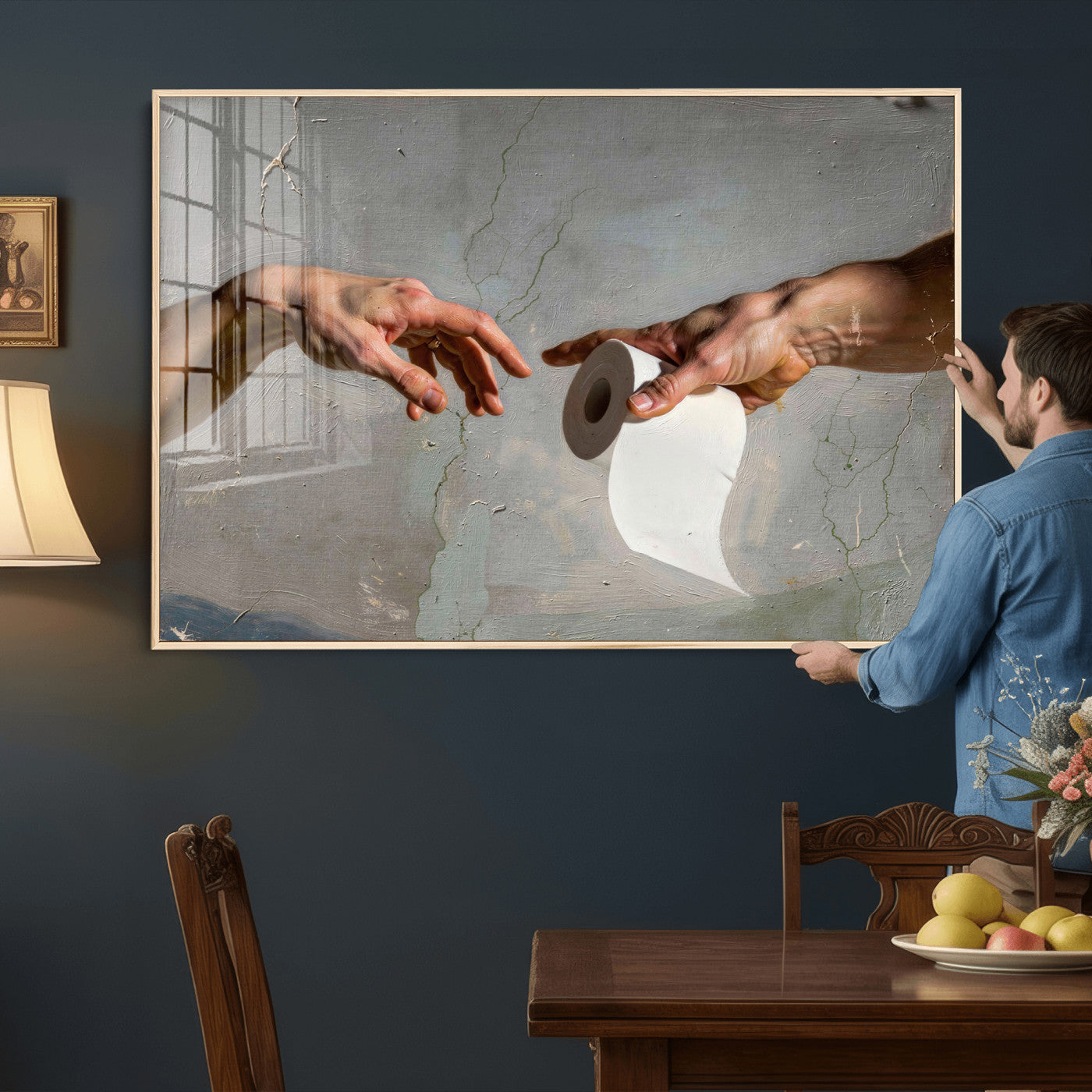 72030048-MGV-CV-36X24 - Funny Bathroom Wall Art Canvas, Creation of Toilet Paper Parody Print, Renaissance Humor Decor, Toilet Room Art, Quirky Housewarming Gift, Classic Art Spoof