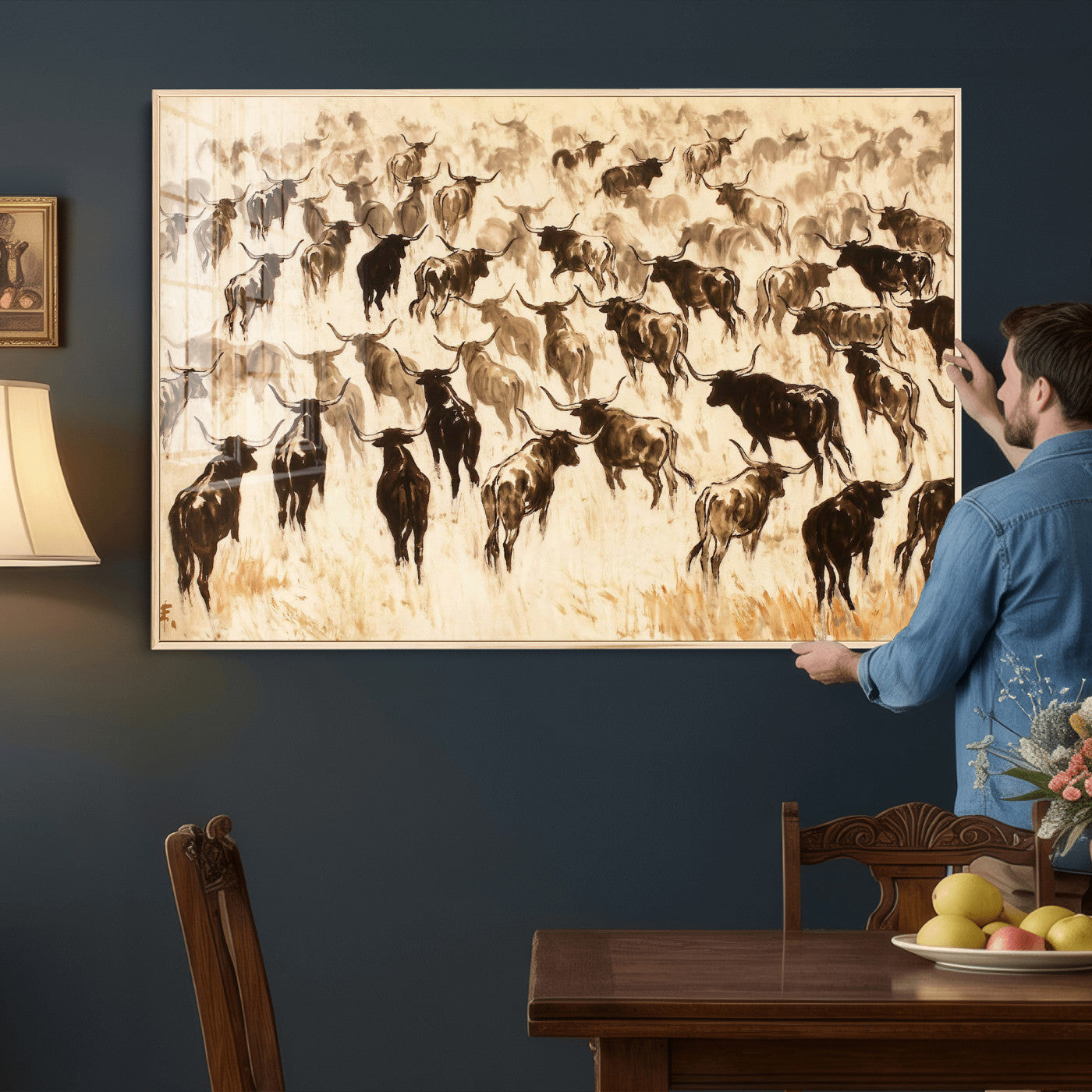 39077774-MGV-CV-36X24 - Texas Longhorn Sepia Canvas Wall Art, Western Cattle Stampede Painting Print, Warm Amber Ranch Decor, Rustic Cowboy Home Art, Large Living Room Decor