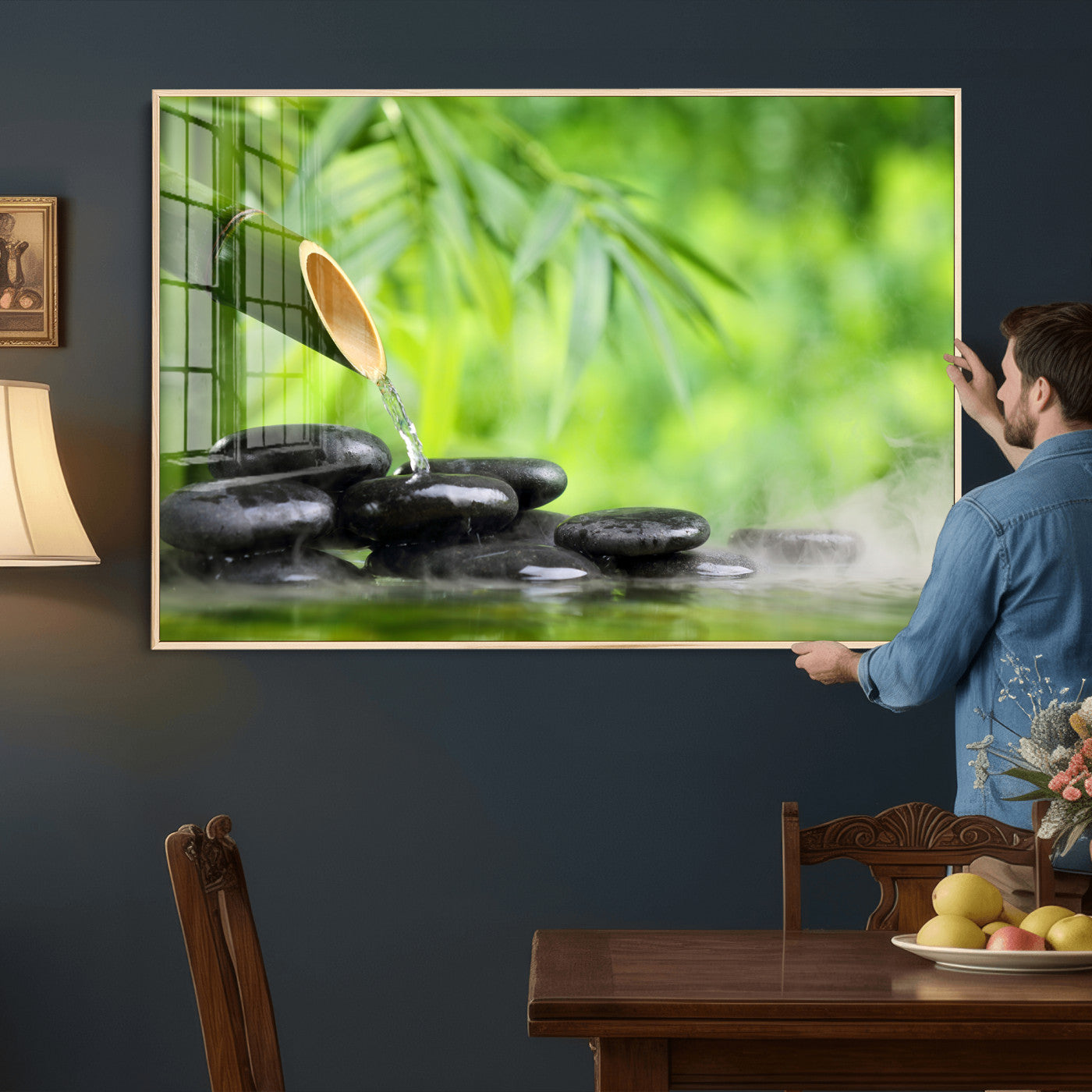 26961320-MGV-CV-36X24 - Bamboo Water Flow Black Stone Canvas | Zen Spa Nature Photography Print | Green Mist Japanese Garden Wall Art | Tranquil Decor