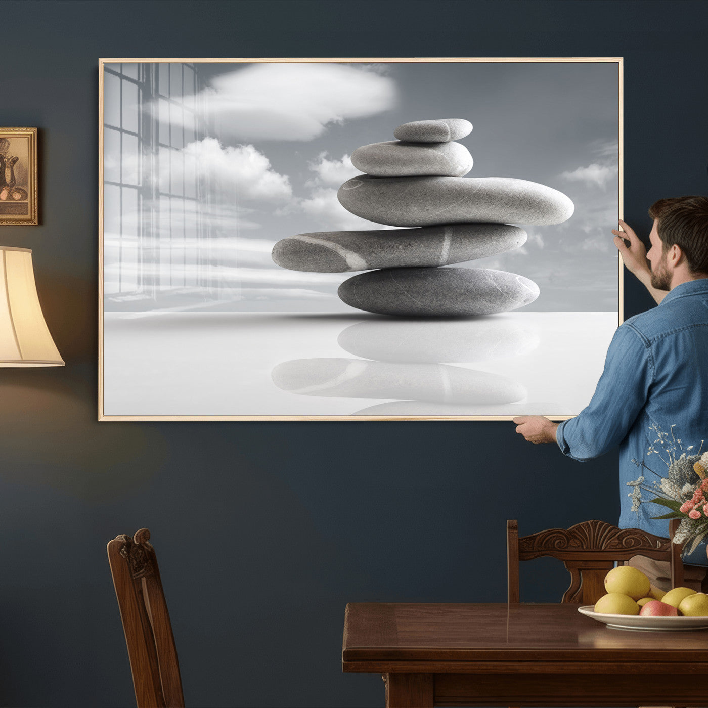 86426188-MGV-CV-36X24 - Zen Stone Wall Art Canvas Print, Balanced Rock Stack Framed Spa Artwork, Minimalist Meditation Decor for Living Room Bedroom Office Bathroom