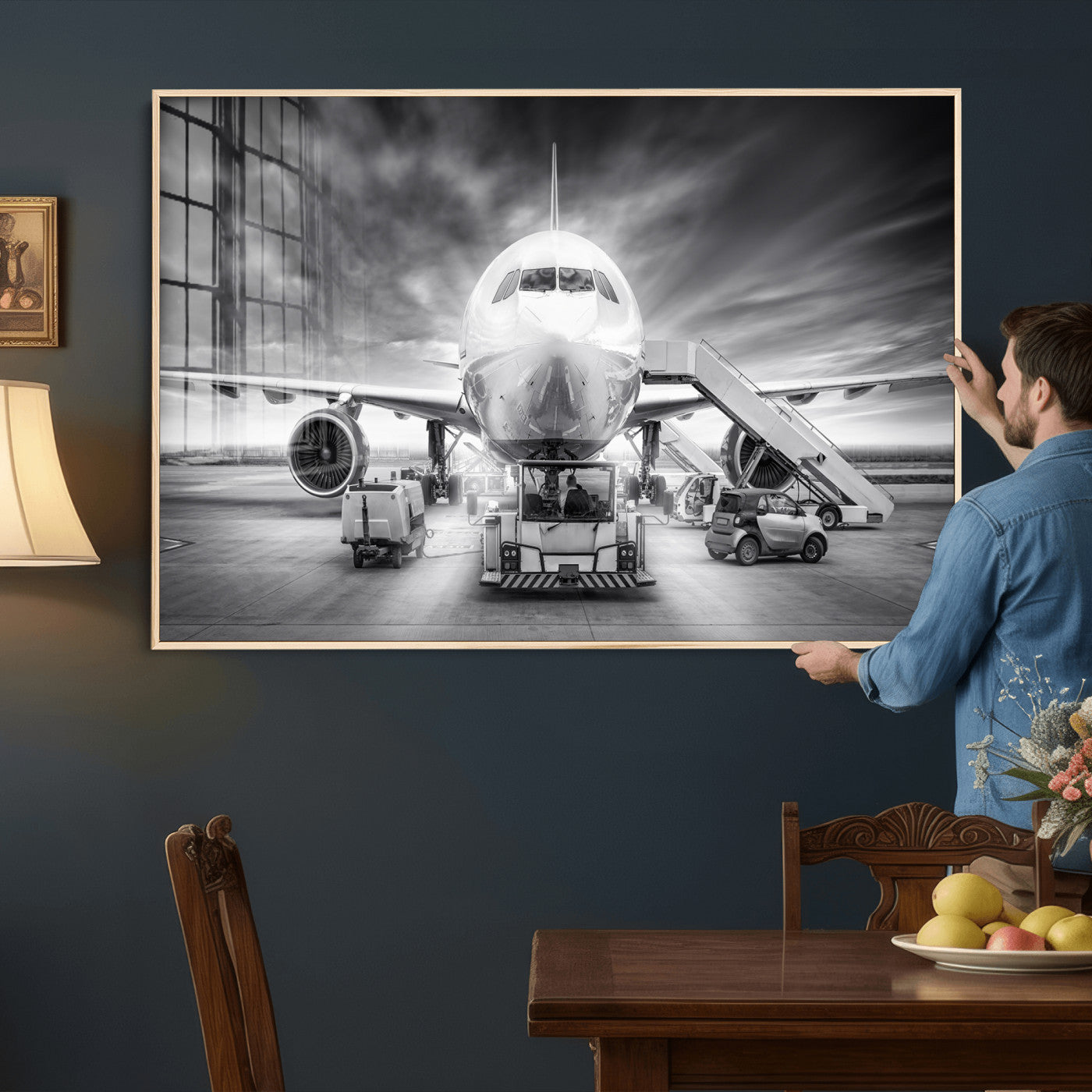85885848-MGV-CV-36X24 - Airplane Wall Art Canvas Print, Black and White Jet Aircraft Airport Runway Framed Aviation Artwork for Pilot Office Hangar Travel Decor