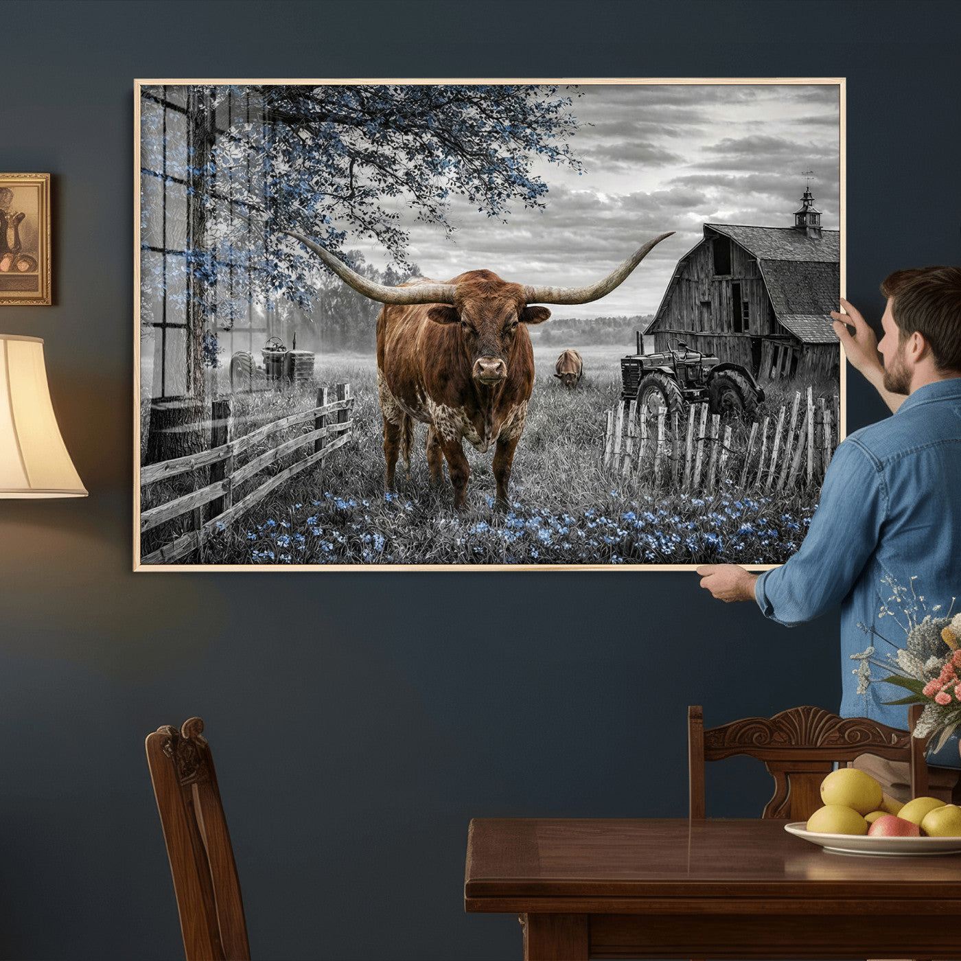19366343-MGV-CV-36X24 - Texas Longhorn Canvas Wall Art, Rustic Farm Barn Bluebonnet Photography Print, Farmhouse Country Decor, Western Ranch Art, Old Truck Tractor Print