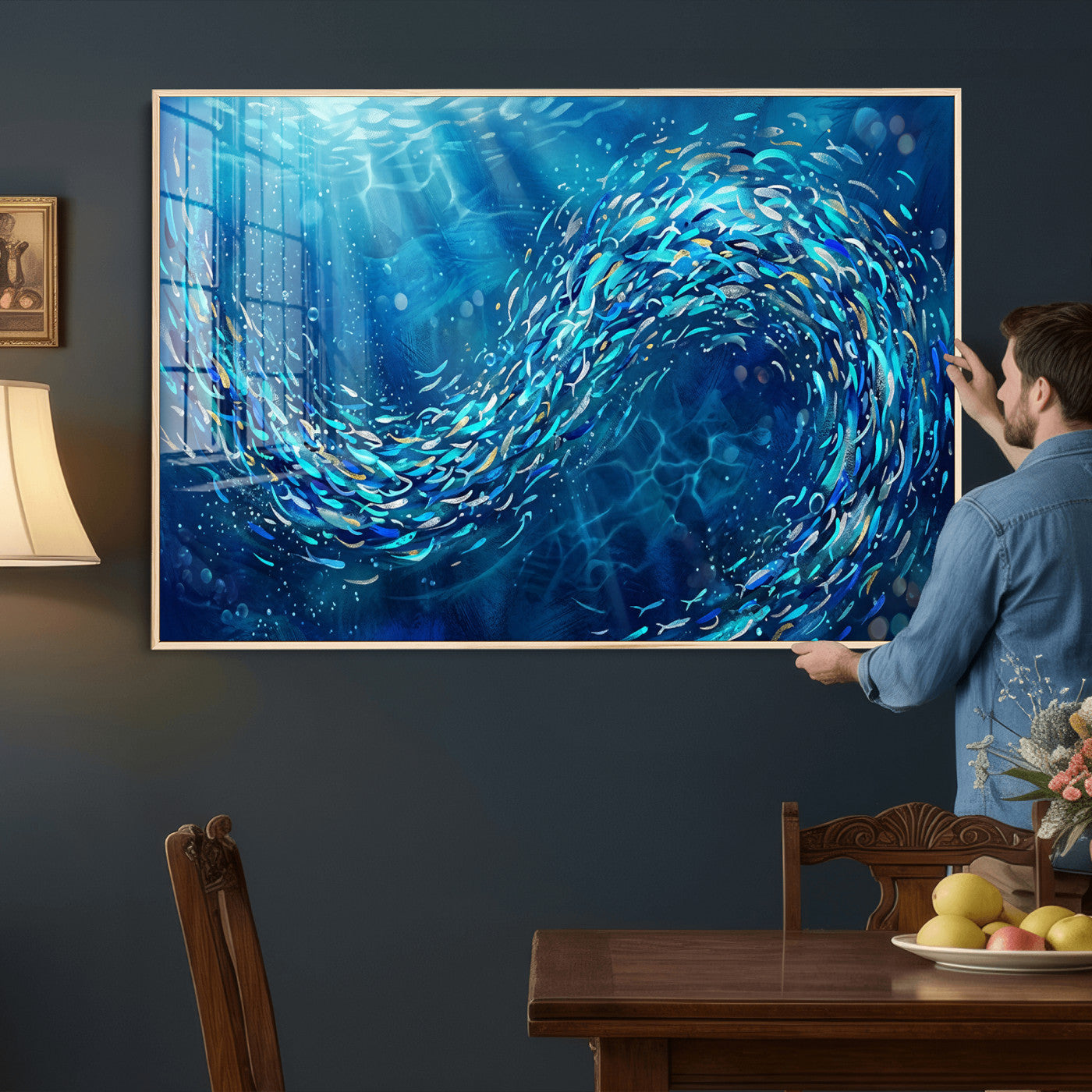 54535639-MGV-CV-36X24 - School of Fish Canvas Print | Blue Ocean Underwater Wall Art | Swirling Fish Shoal Illustration | Marine Navy Coastal Decor