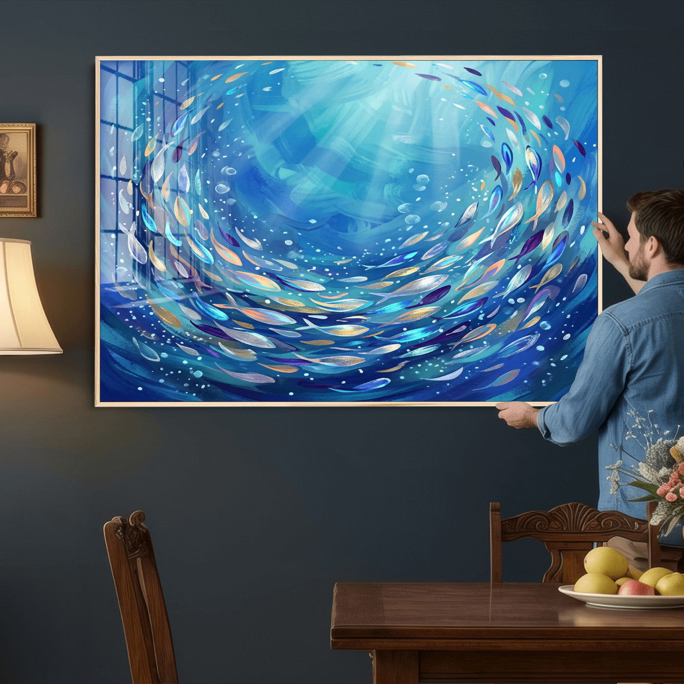 78699899-MGV-CV-36X24 - School of Fish Canvas Print | Blue Ocean Underwater Wall Art | Swirling Fish Shoal Illustration | Marine Navy Coastal Decor