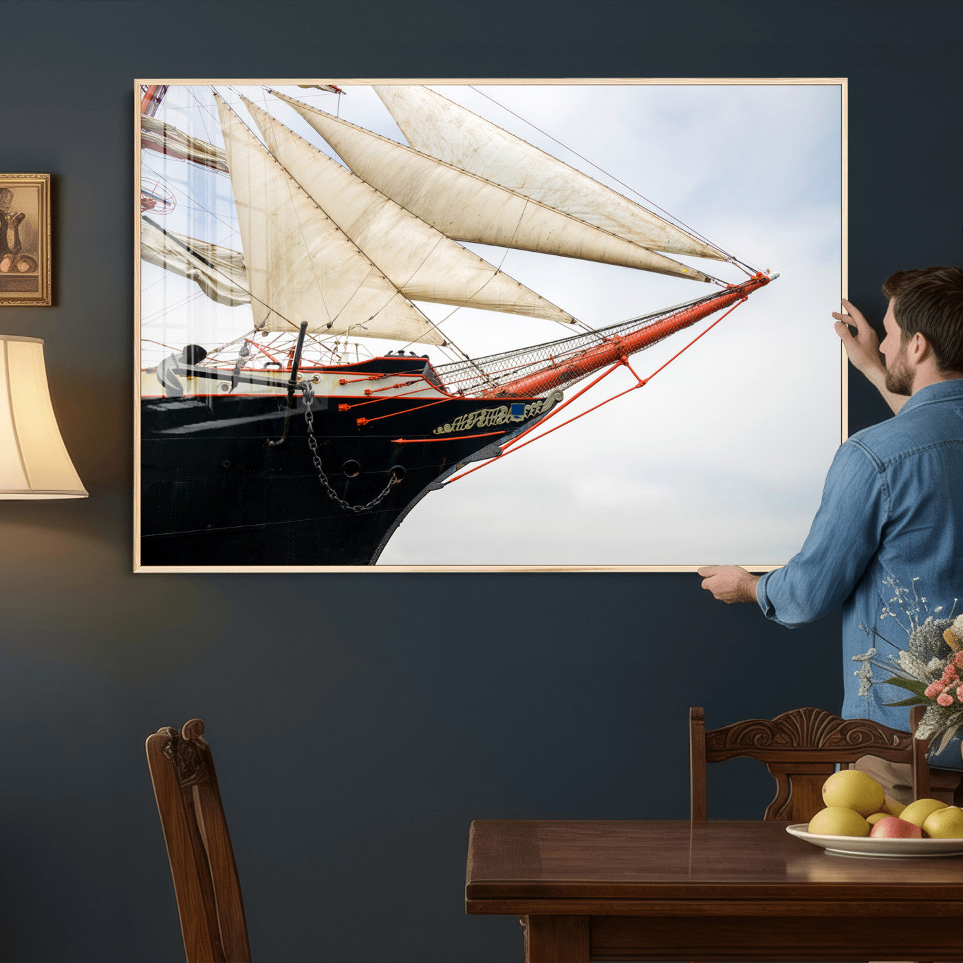 64830036-MGV-CV-36X24 - Sailboat Wall Art Canvas Print, Vintage Ship Bow Framed Artwork, Nautical Sailing Decor for Living Room Office Beach House