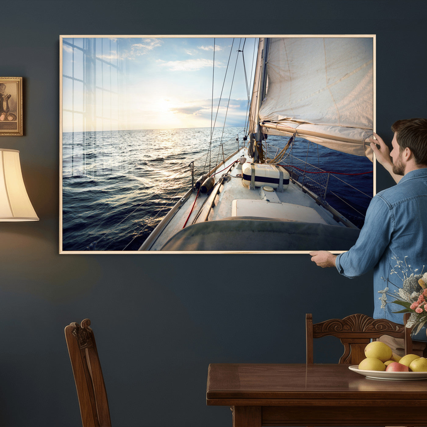 76381335-MGV-CV-36X24 - Sailboat Wall Art Canvas Print, Ocean Sunset Sailing Framed Artwork, Coastal Nautical Seascape Decor for Living Room Office Beach House