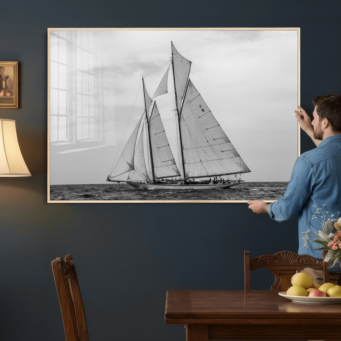 52882918-MGV-CV-36X24 - Vintage Sailboat Wall Art Canvas Print, Black and White Schooner Framed Artwork, Nautical Ocean Sailing Decor for Living Room Office Beach House