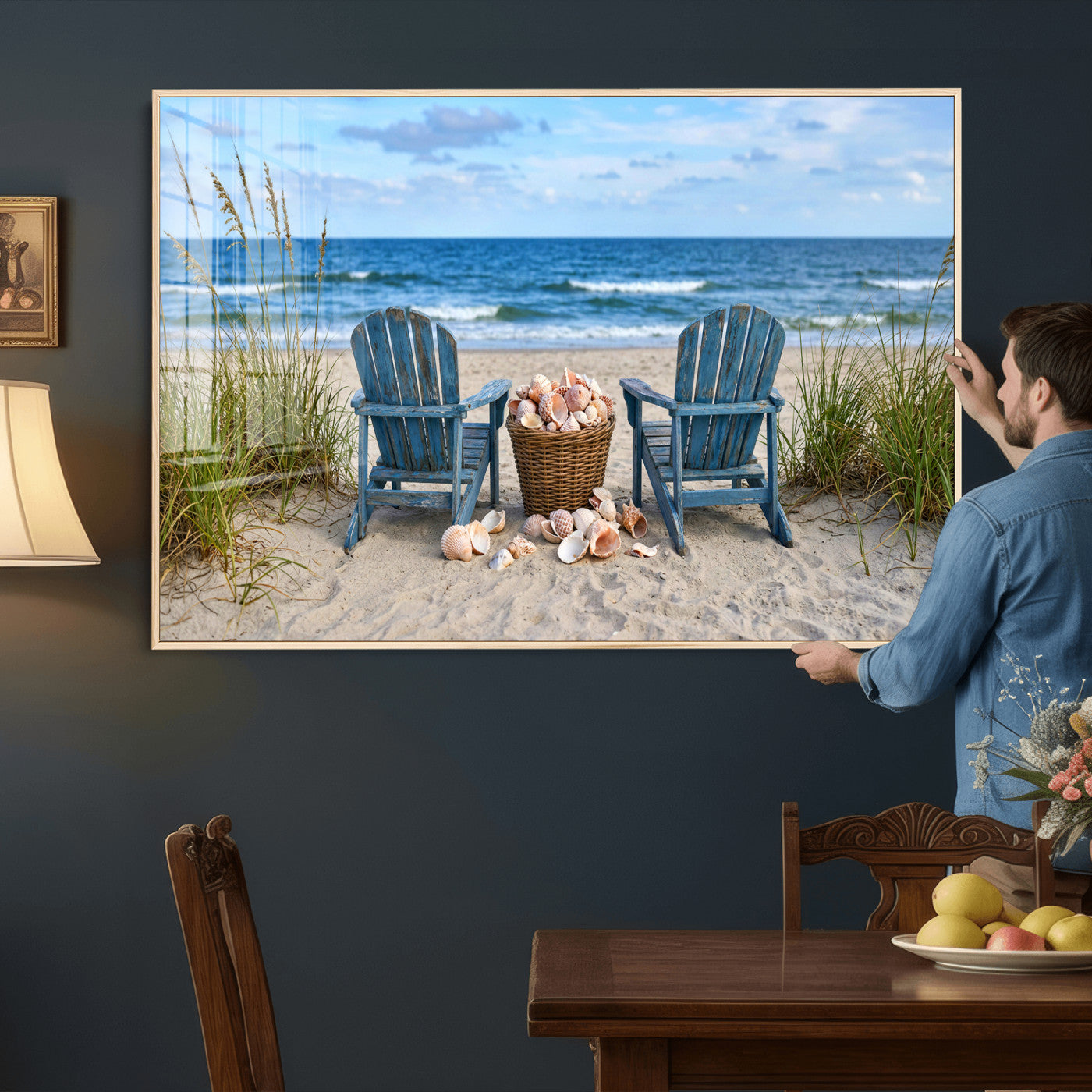 80268829-MGV-CV-36X24 - Large Beach Canvas Wall Art Coastal Adirondack Chairs Ocean Seashells Blue Nautical Framed Large for Living Room Bedroom Bathroom Decor