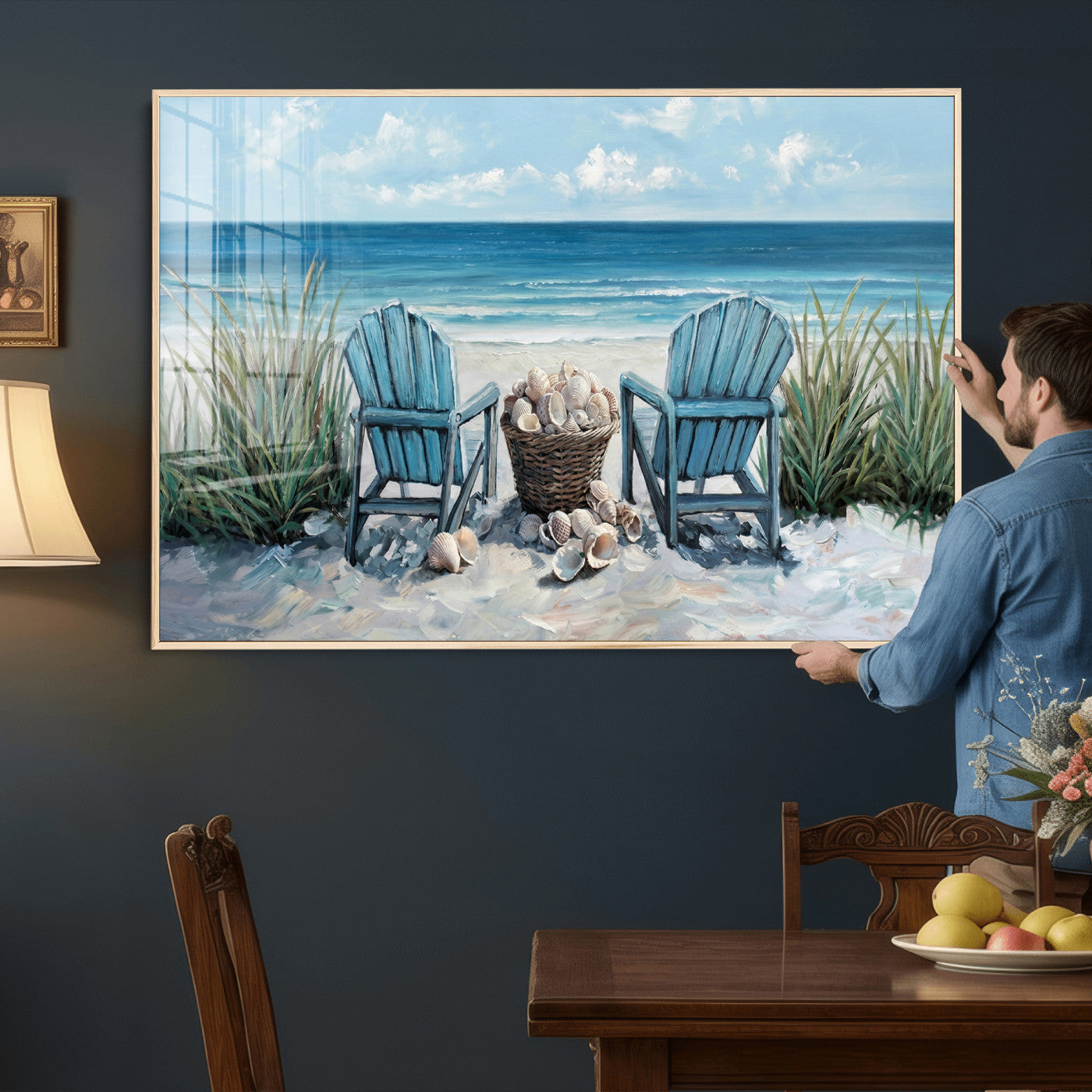 11973028-MGV-CV-36X24 - Beach Canvas Wall Art Coastal Adirondack Chairs Ocean Seashells Blue Nautical Framed Large for Living Room Bedroom Bathroom Decor
