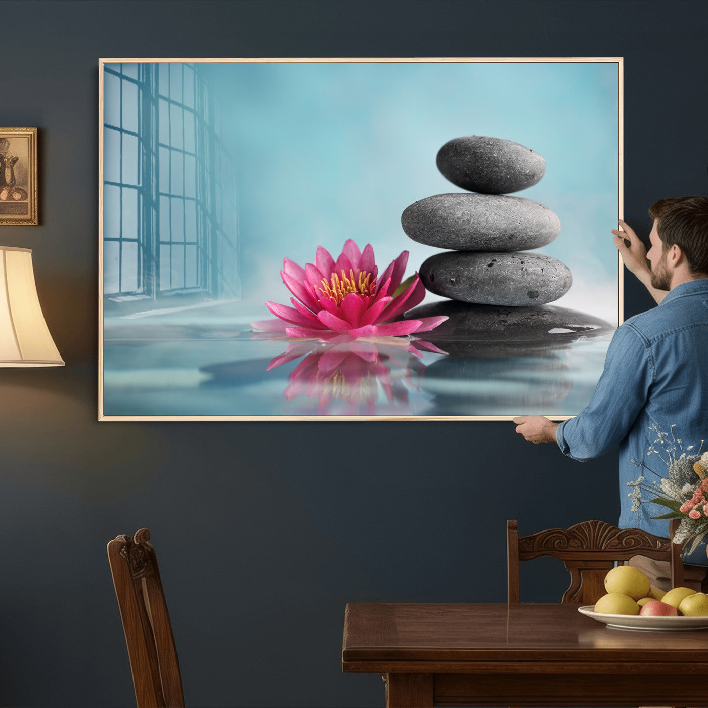 84293154-MGV-CV-36X24 - Zen Canvas Wall Art Lotus Flower Stacked Stones Teal Spa Meditation Relaxation Framed Large for Bathroom Bedroom Living Room Office Decor