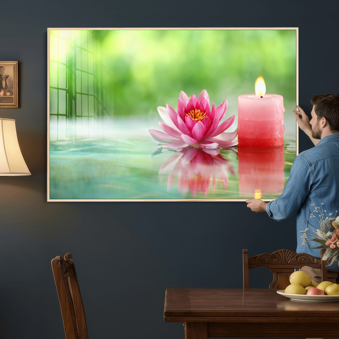 17661715-MGV-CV-36X24 - Zen Lotus Candle Canvas Wall Art Pink Spa Meditation Relaxation Green Bokeh Framed Large for Bathroom Bedroom Living Room Office Decor