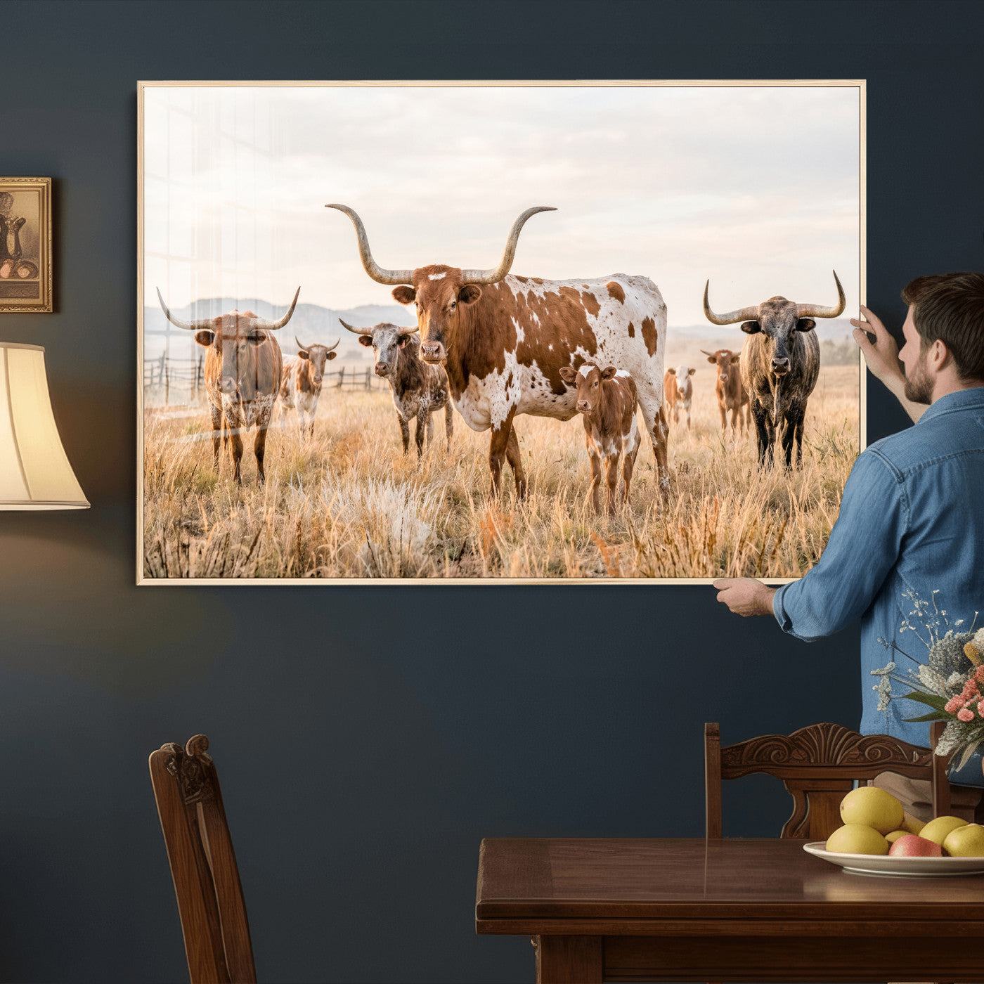 62336425AC-MGV-CV-36X24 - Texas Longhorn Canvas Wall Art, Rustic Farm Animal Photography Print, Farmhouse Country Decor, Western Ranch Art