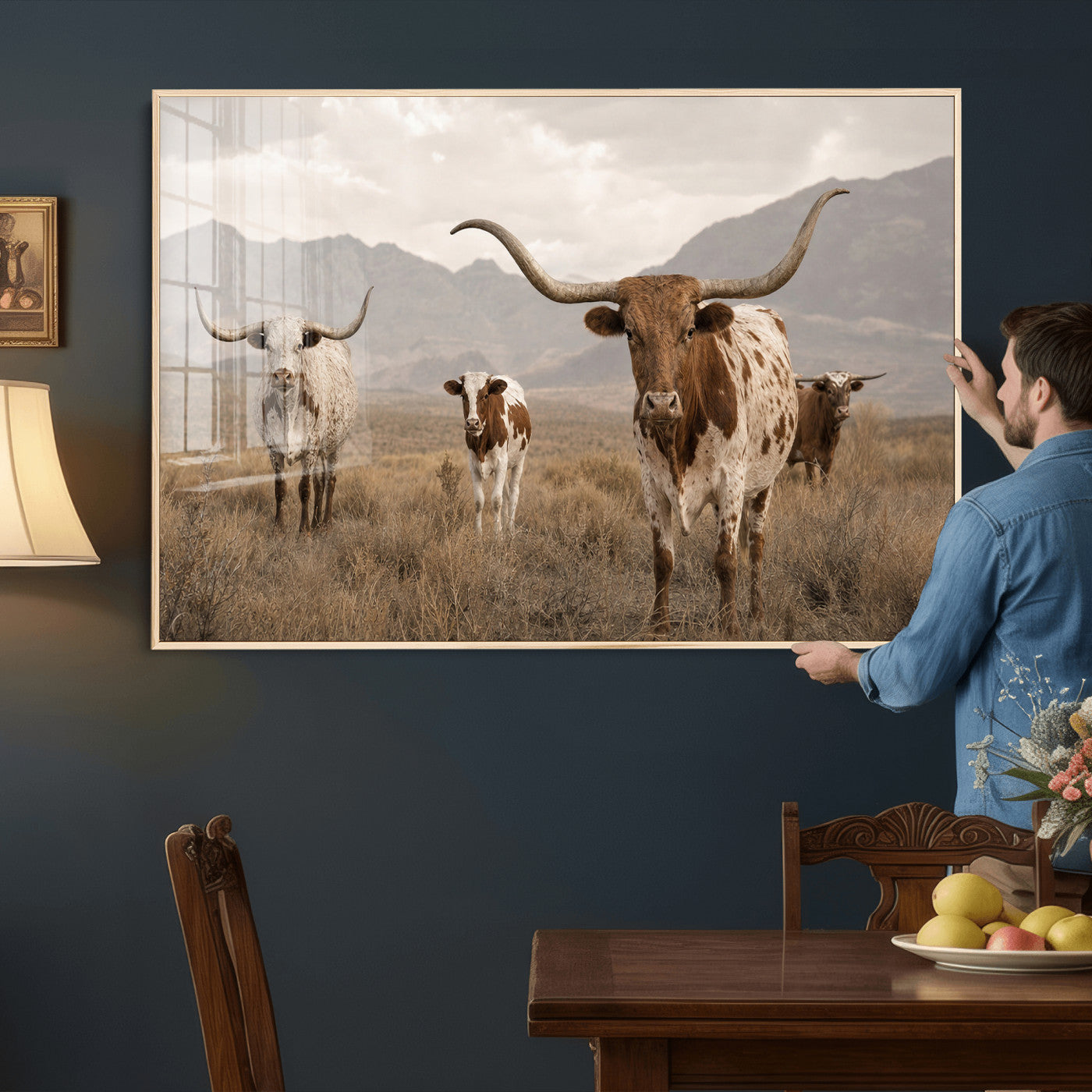 62336425AD-MGV-CV-36X24 - Rustic Texas Longhorn Cow Canvas Wall Art Print, Rustic Farm Animal Photography Print, Farmhouse Country Decor, Western Ranch Art