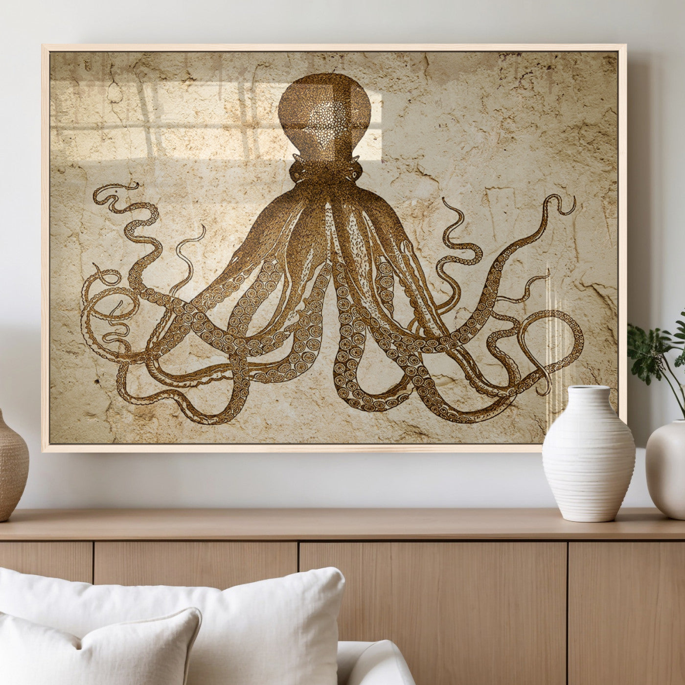 MGV-FP-60X30-3P - Sepia Octopus Wall Art Abstract Animal Canvas Print