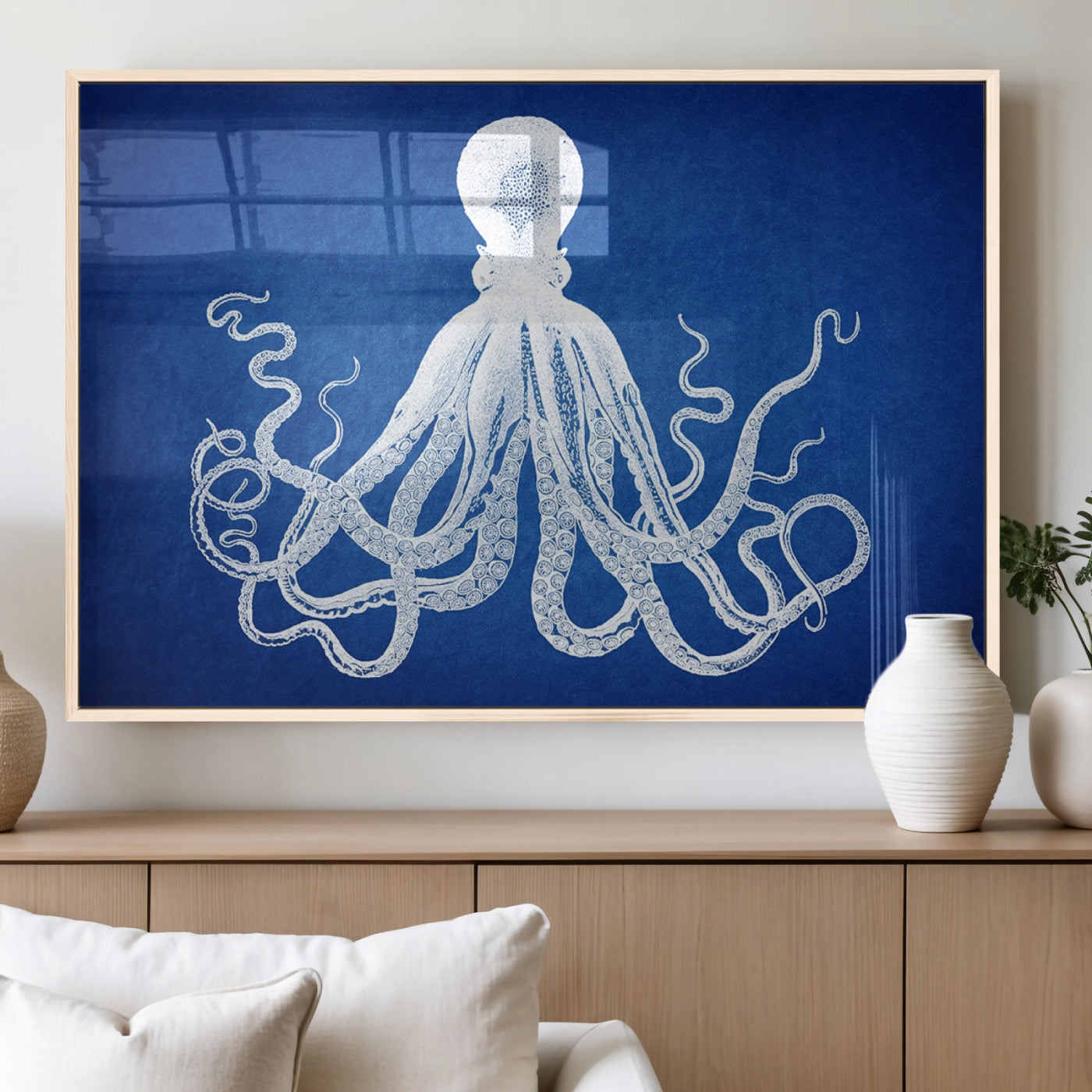 MGV-FP-60X30-3P - Large 3-Panel Blue Octopus Canvas Wall Art | Coastal Marine Life Artwork for Living Room, Bedroom,