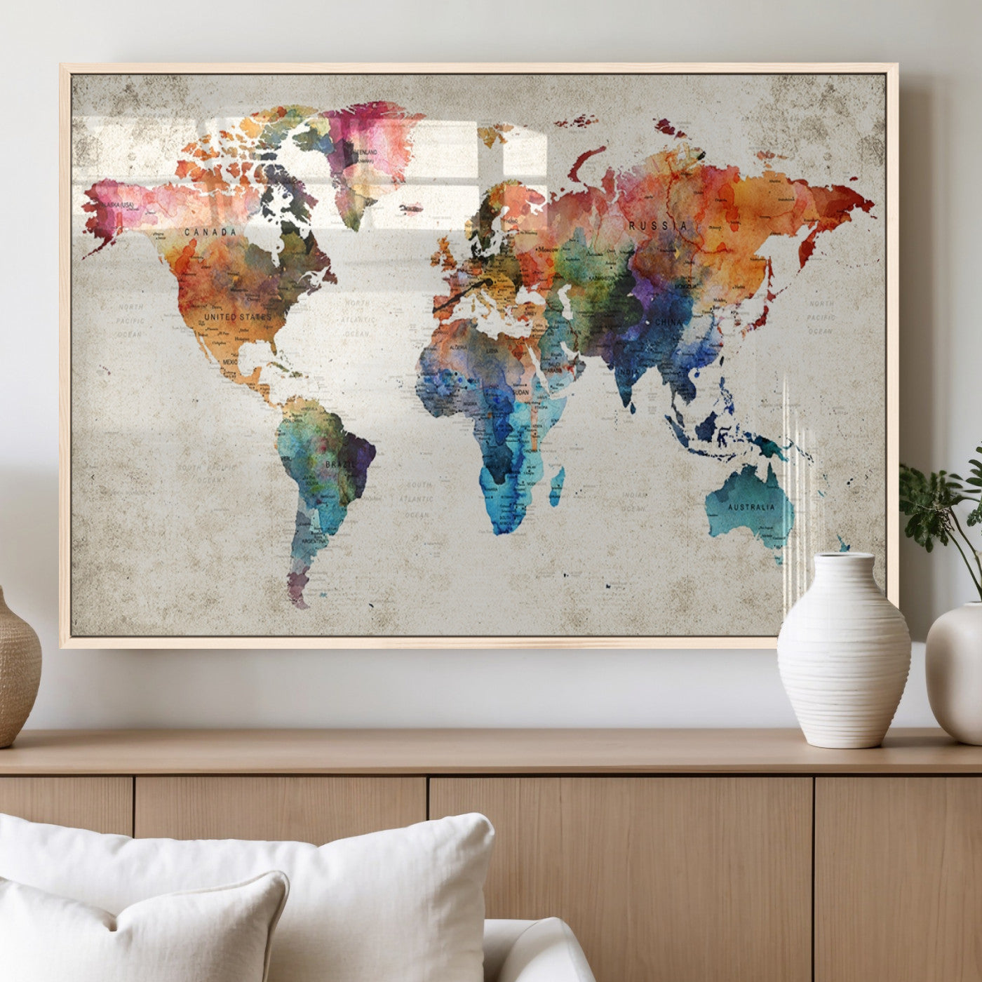 MGV-FP-60X30-3P - Push Pin World Map Canvas Print – Framed Wall Art for Couples to Track Their Travels – Anniversary
