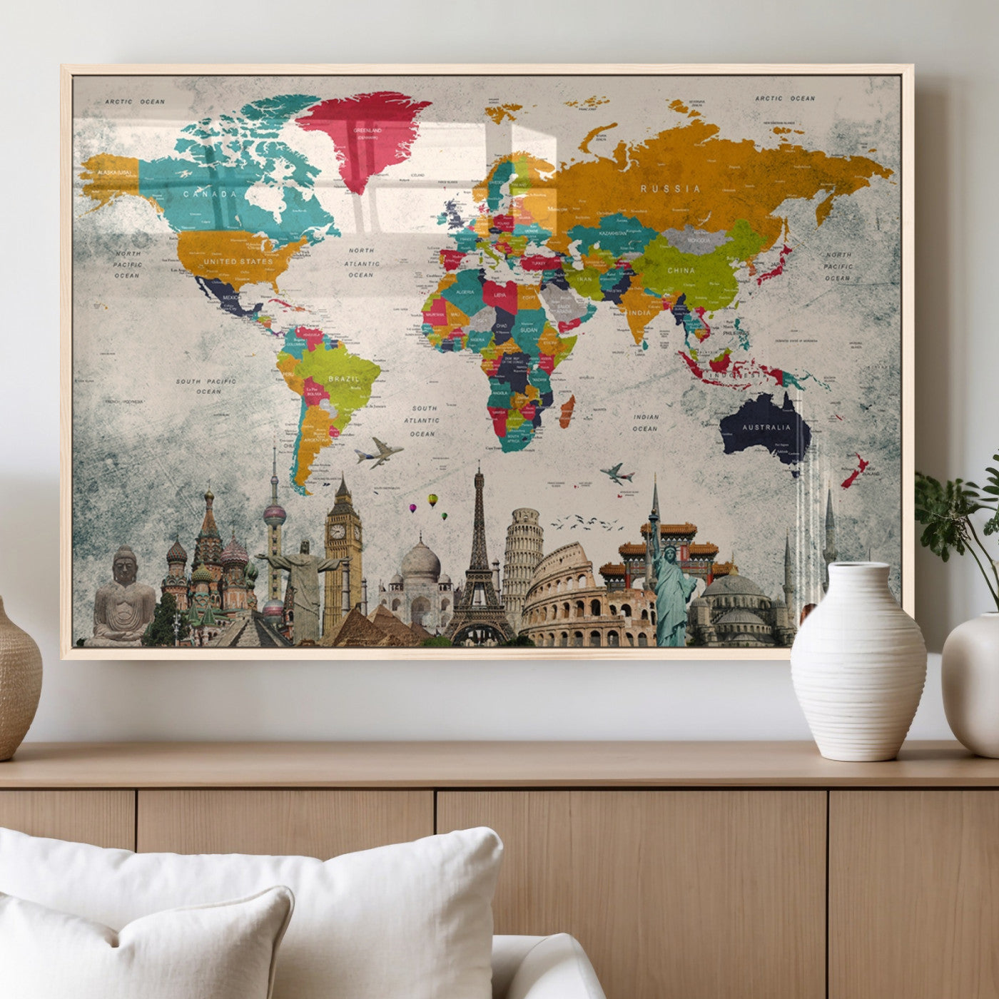 MGV-FP-36X24-3P - Push Pin World Map Canvas Print – Framed Wall Art for Couples to Track Their Travels – Anniversary