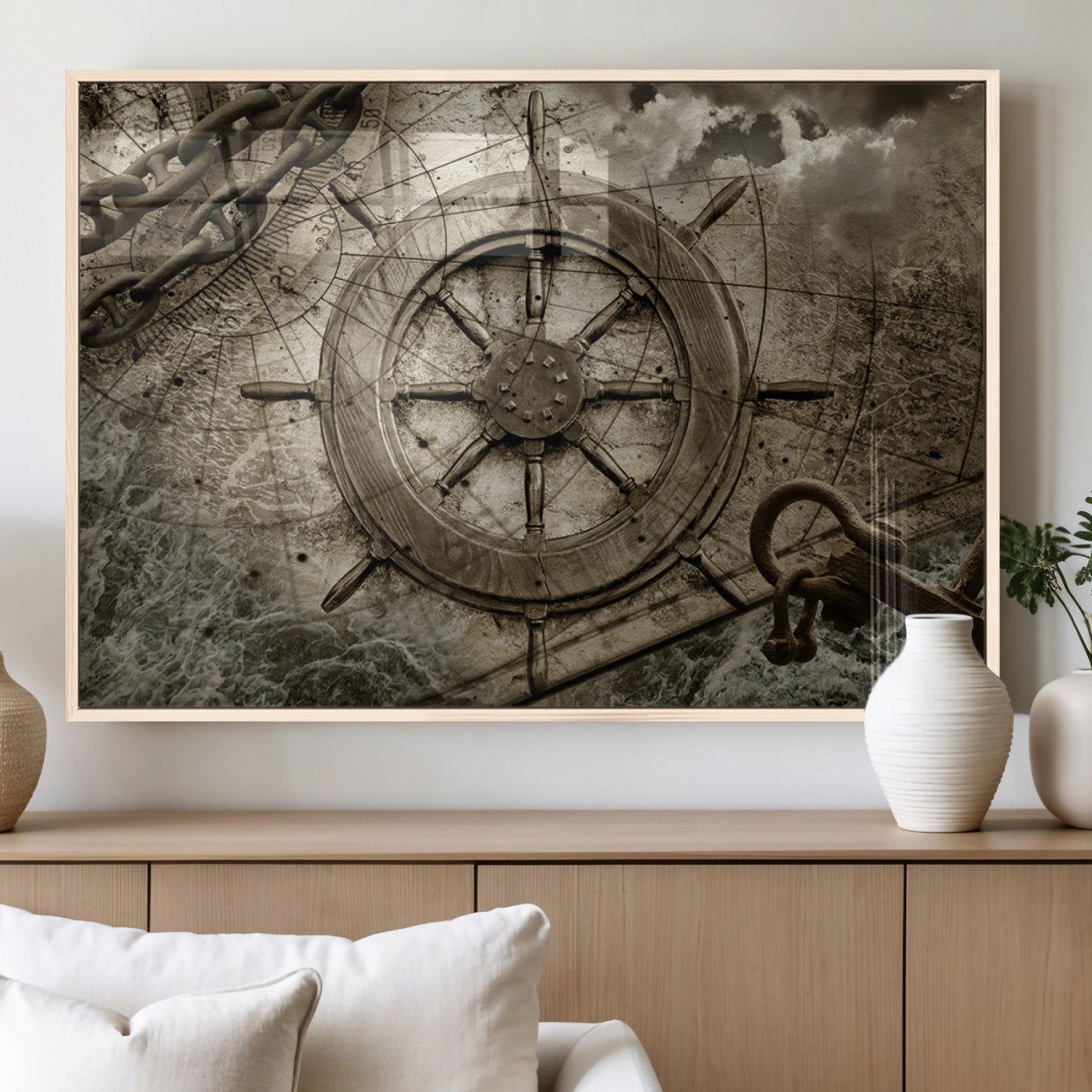MGV-FP-60X30-3P - Wooden Ship Wheel Canvas Print, Multi Panel Canvas Wall Art Print