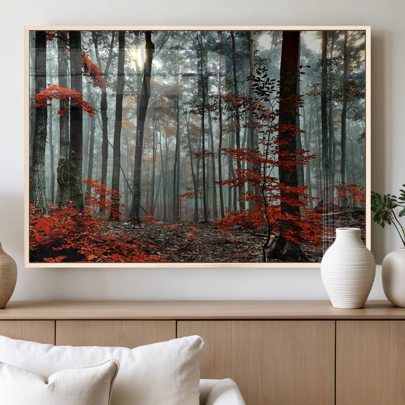 MGV-FP-60X30-3P - Autumn Forest Canvas Wall Art – Enchanting Red Leaves Triptych Print – Nature-Inspired Decor for