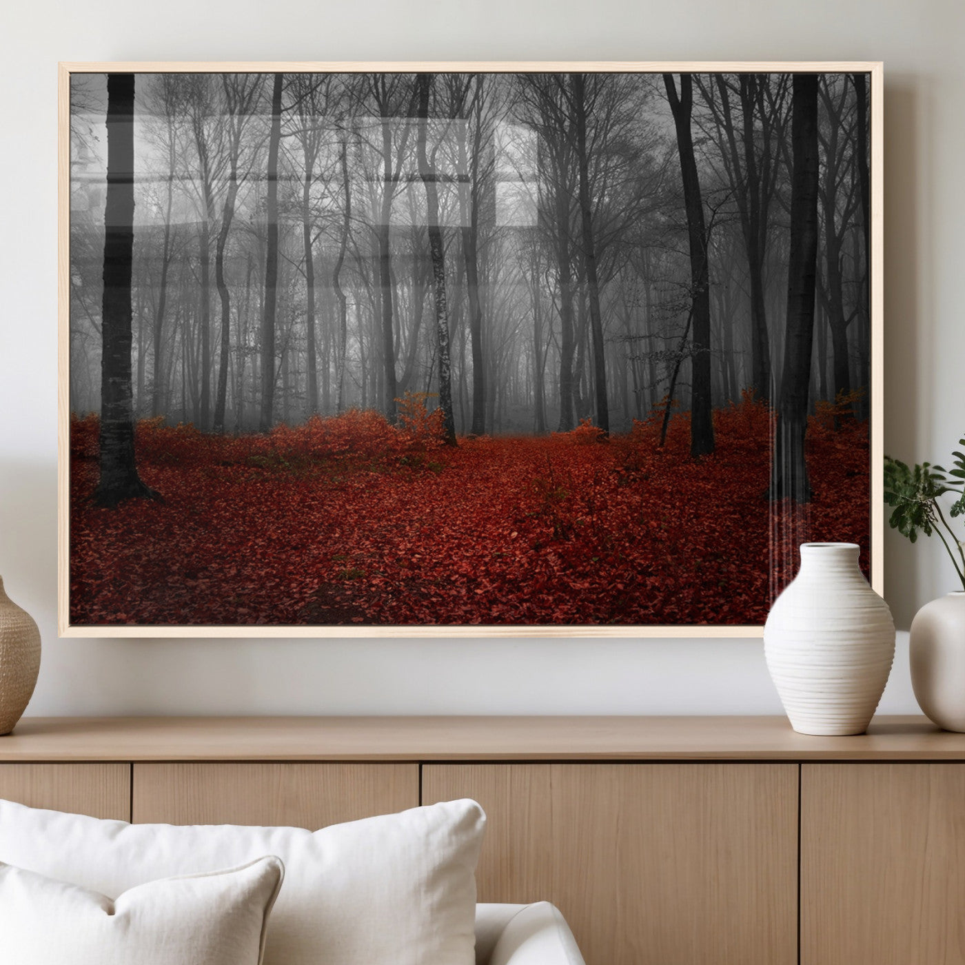 38804-MGV-FP-60X30-3P_Natural-Red Forest Floor Canvas Wall Art – Mystical Foggy Woodland Triptych – Nature-Inspired Decor for
