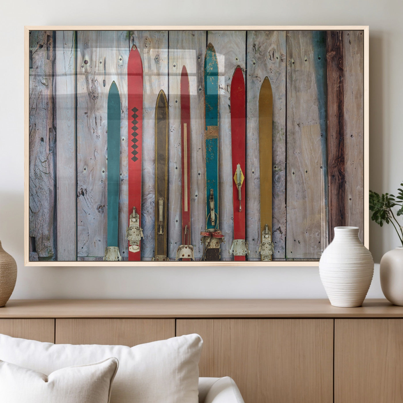 MGV-FP-60X30-3P - Vintage Wooden Weathered Ski's in Front of an Old Barn Wall Art Canvas Print for Farmhouse, Cabin