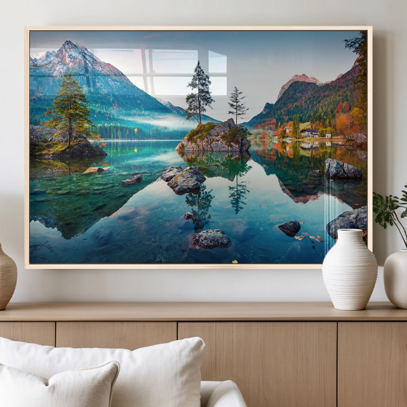 55009-MGV-FP-60X30-3P_Natural-Crystal Clear Lake Wall Art | Mountains Wall Art Canvas | 3 Panel Large Landscape Print for Dining