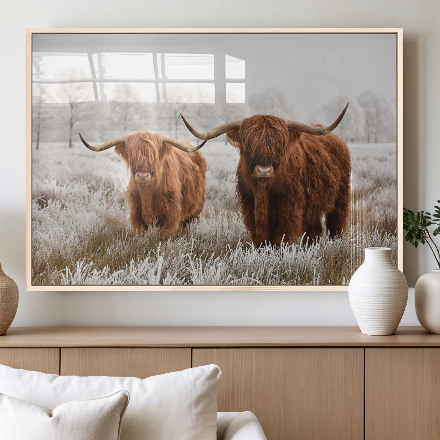 MGV-FP-60X30-3P - Longhorn Cattle Wall Art Canvas Print, Framed Farmhouse Style Art Picture Print, Rustic Cow Perfect Rustic Farmhouse Decor Artwork