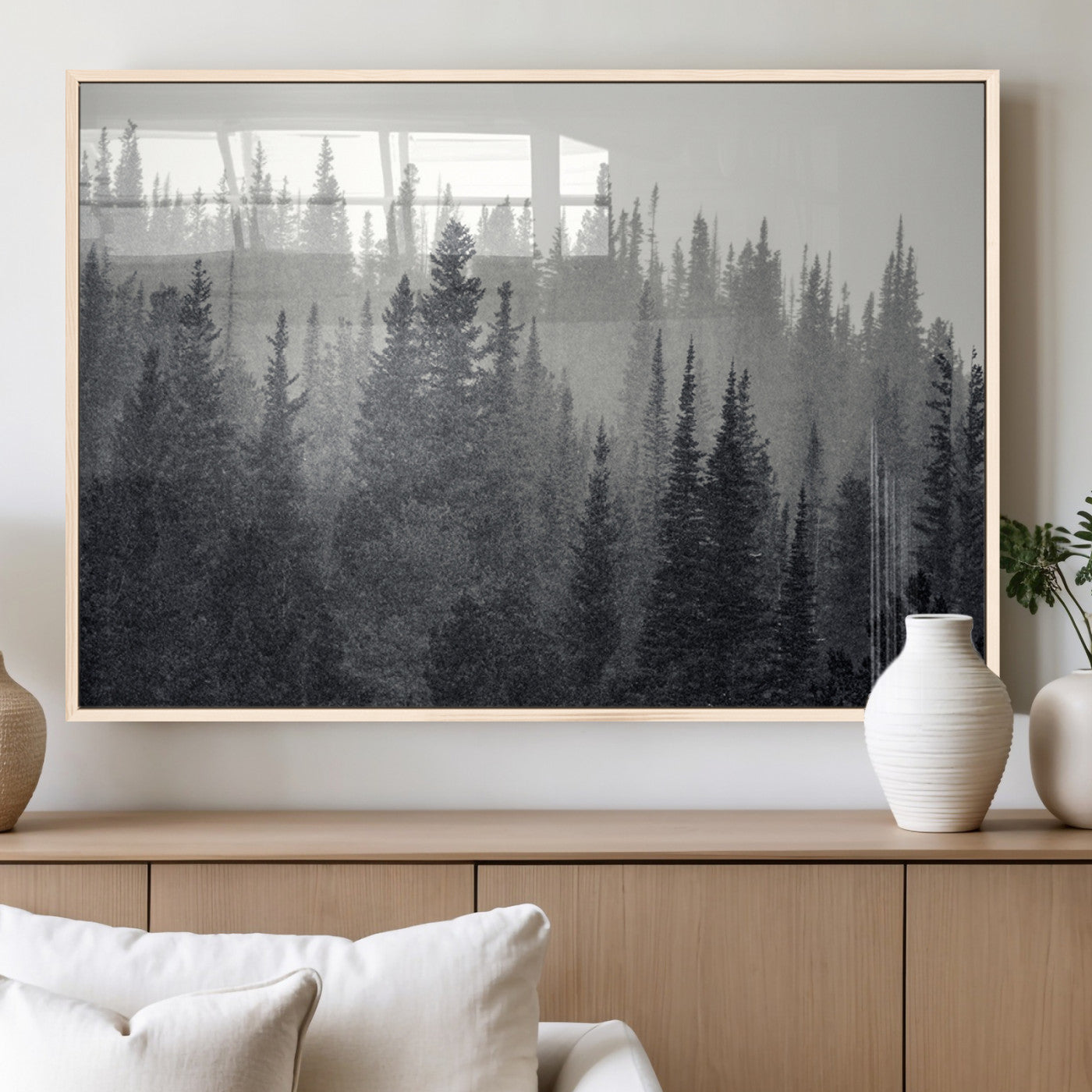 MGV-FP-60X30-3P - Misty Forest Canvas Wall Art – Monochrome Triptych Pine Tree Print – Nature-Inspired Home Decor –
