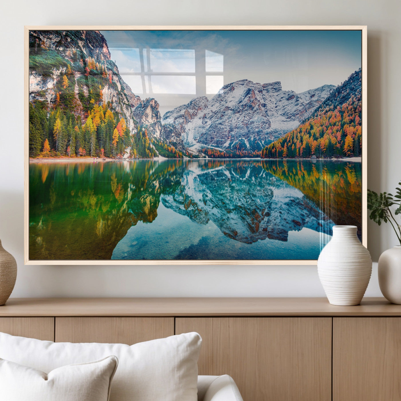 11645-MGV-FP-60X30-3P_Natural-Spectacular autumn view of Braies Lake Wall Art Canvas Print